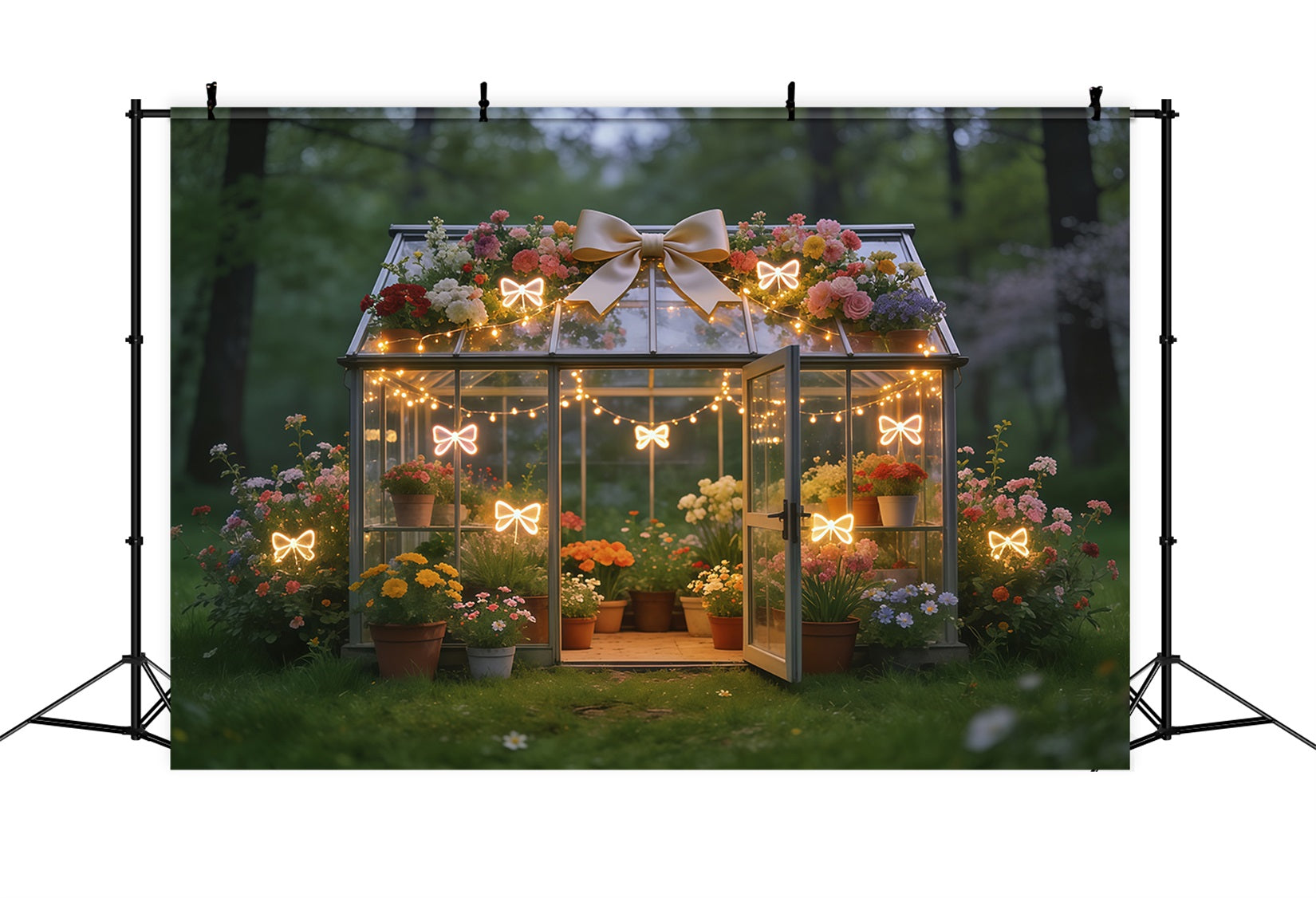 Frühlingsgewächshaus-Hintergrund Leuchtende Schleife Garten Blumen-Frühlingshintergründe CSH61-171