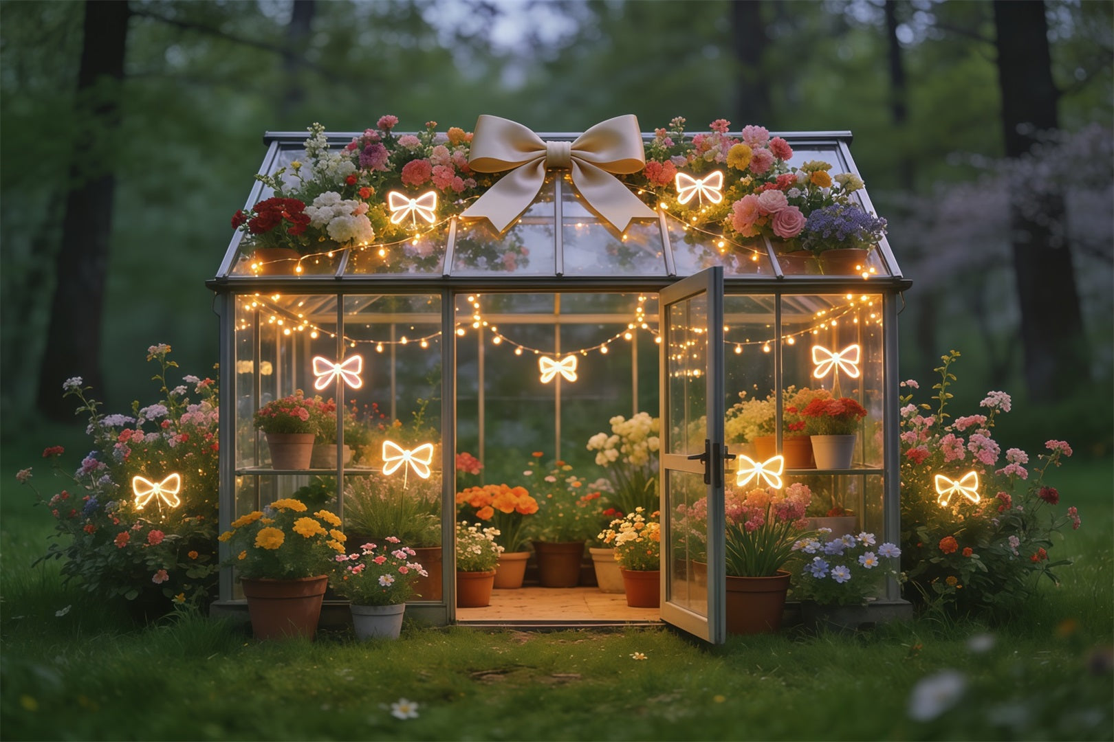 Frühlingsgewächshaus-Hintergrund Leuchtende Schleife Garten Blumen-Frühlingshintergründe CSH61-171