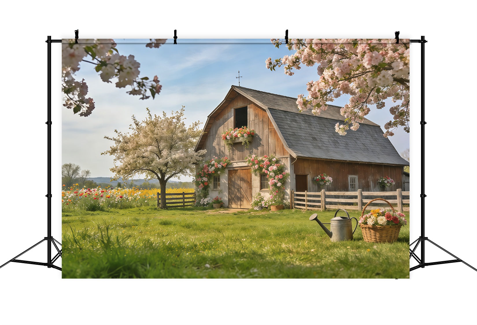 Frühlingsscheune-Hintergrund Rustikales Bauernhaus Blütenwiese Frühlingshintergründe für die Fotografie CSH61-172