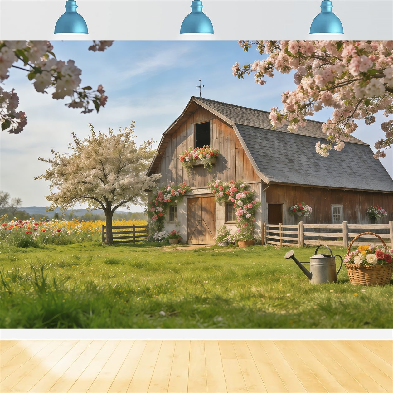 Frühlingsscheune-Hintergrund Rustikales Bauernhaus Blütenwiese Frühlingshintergründe für die Fotografie CSH61-172