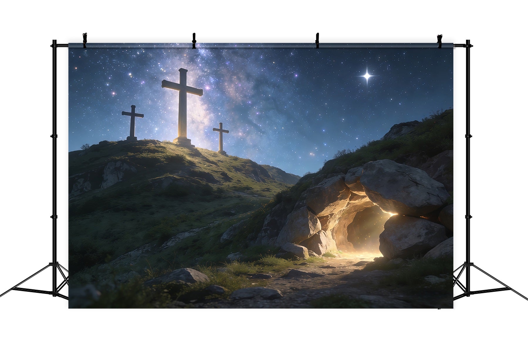 Christlicher Osterhintergrund Sternenkreuz Hügel Leeres Grab Osterhintergründe CSH61-19