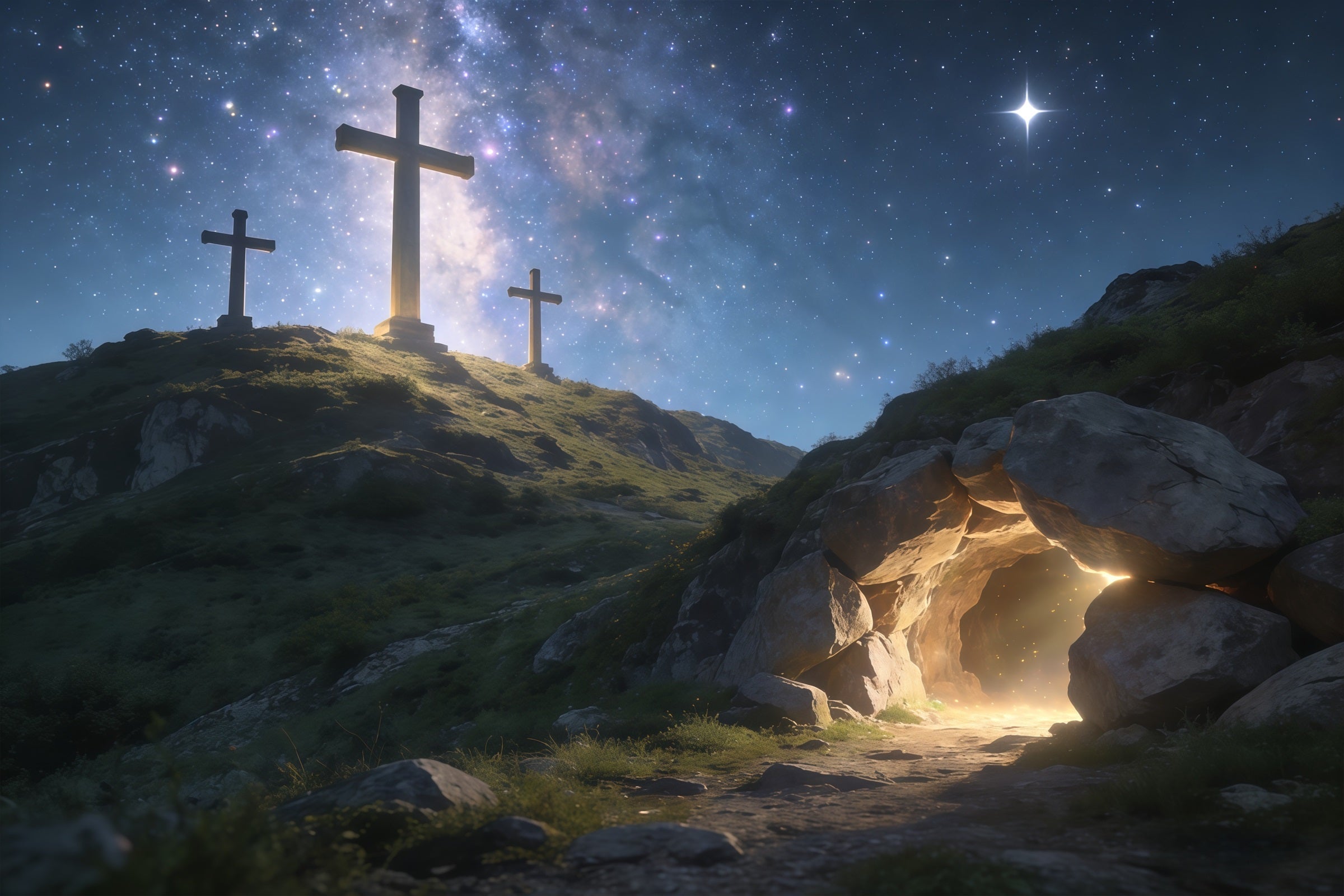 Christlicher Osterhintergrund Sternenkreuz Hügel Leeres Grab Osterhintergründe CSH61-19