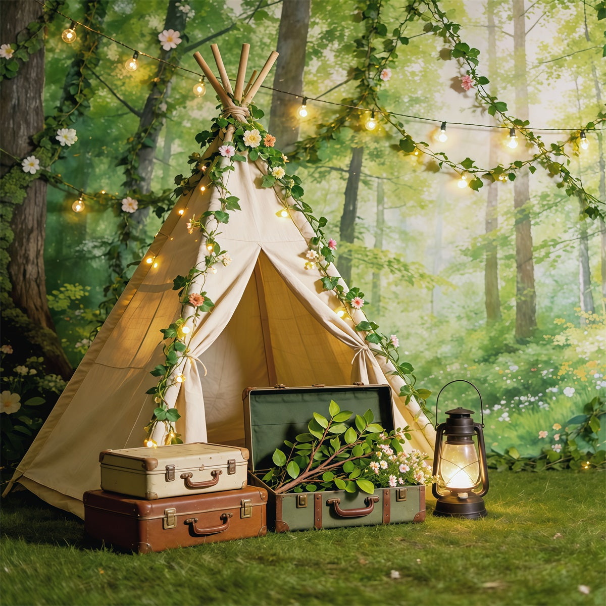 Feenwald-Hintergrund Verzauberter Wald Picknick Camp Fotografie-Hintergrund Wald CSH61-199