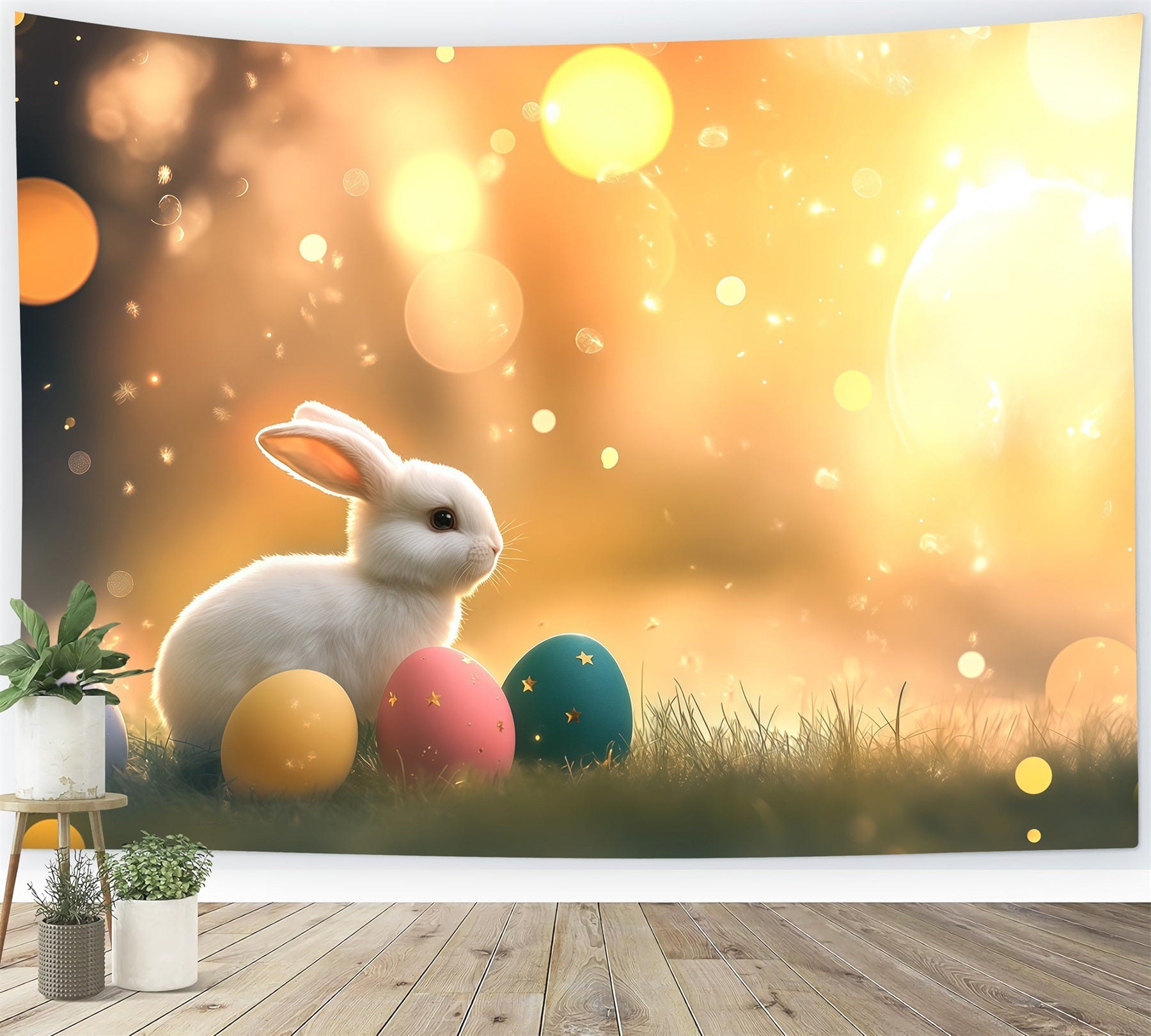 Osterhasen-Hintergrund Warmes Sonnenlicht Glanz Eier Bokeh Oster-Fotohintergrund CSH61-21
