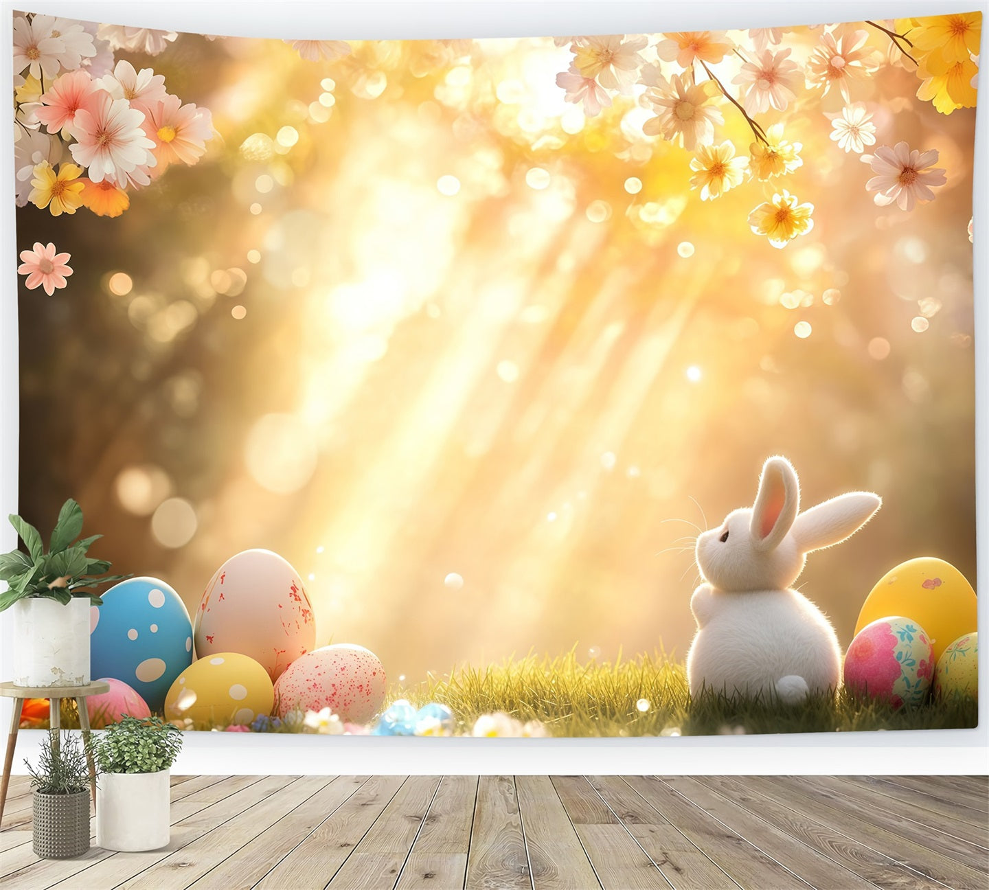 Osterhasen-Hintergrund Sonnige Blüten Eier Wiese Oster-Fotohintergrund CSH61-22