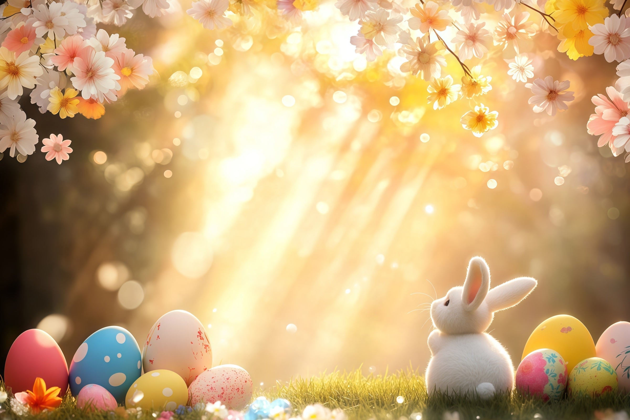 Osterhasen-Hintergrund Sonnige Blüten Eier Wiese Oster-Fotohintergrund CSH61-22