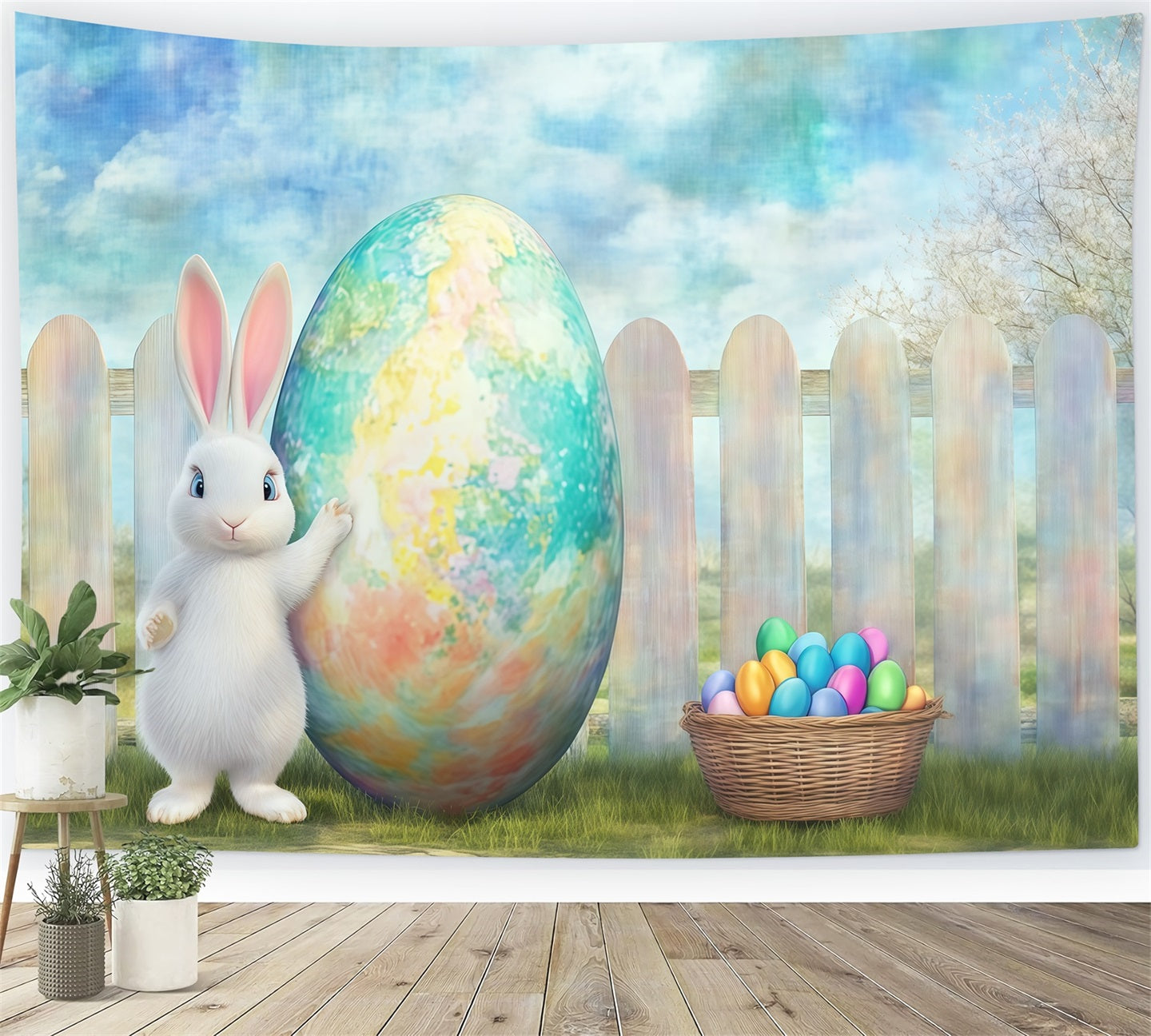 Hintergrund mit Osterhasen Riesiges bemaltes Ei Rustikaler Garten Hintergrund Ostern CSH61-27