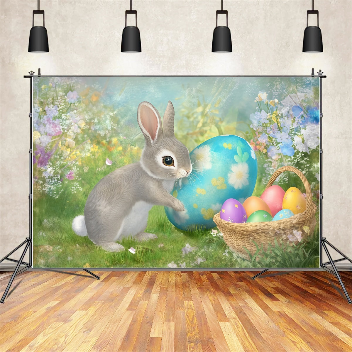 Hintergrund mit Osterhasen Bemalter Eierkorb Frühlingsblumen Hintergrund Ostern CSH61-28