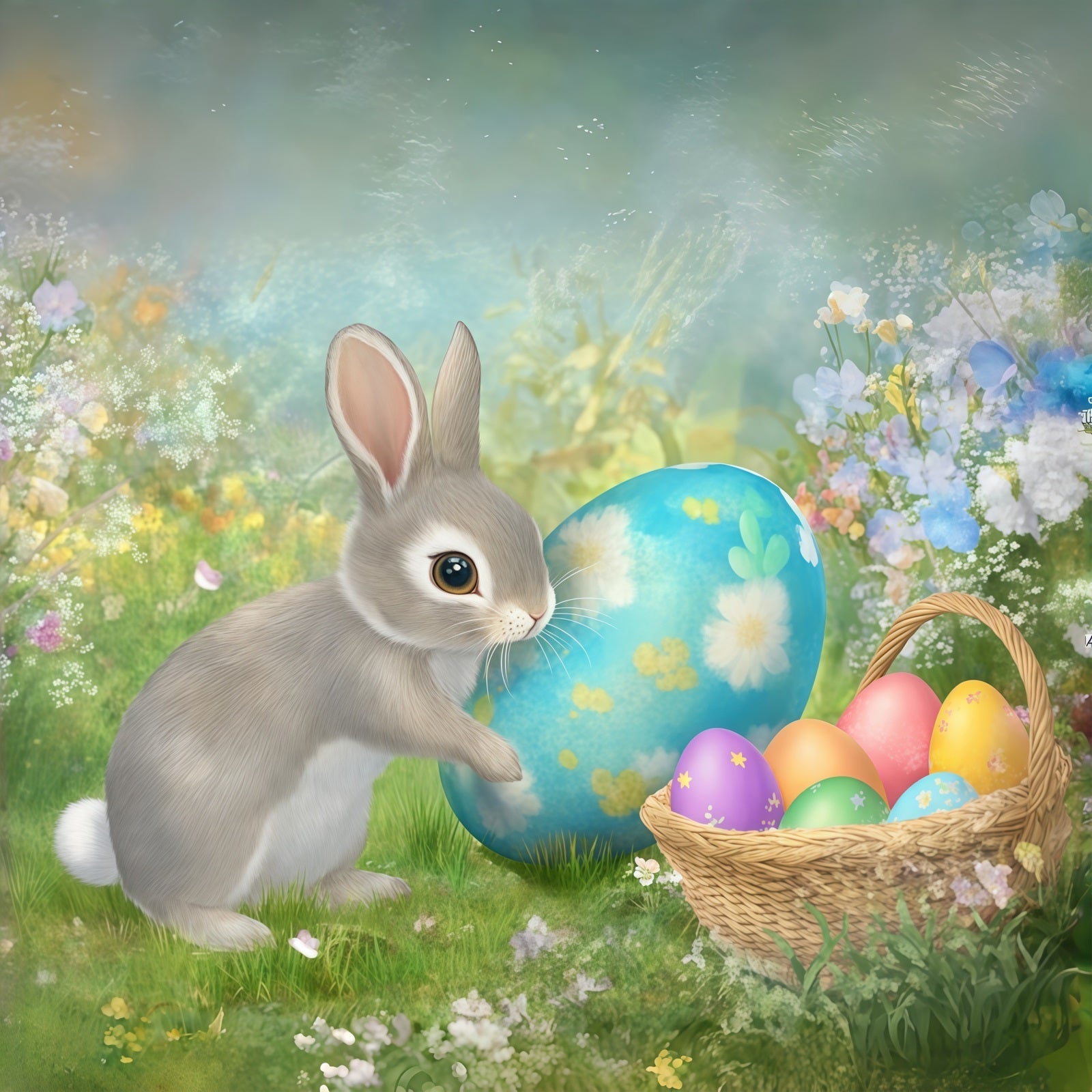 Hintergrund mit Osterhasen Bemalter Eierkorb Frühlingsblumen Hintergrund Ostern CSH61-28