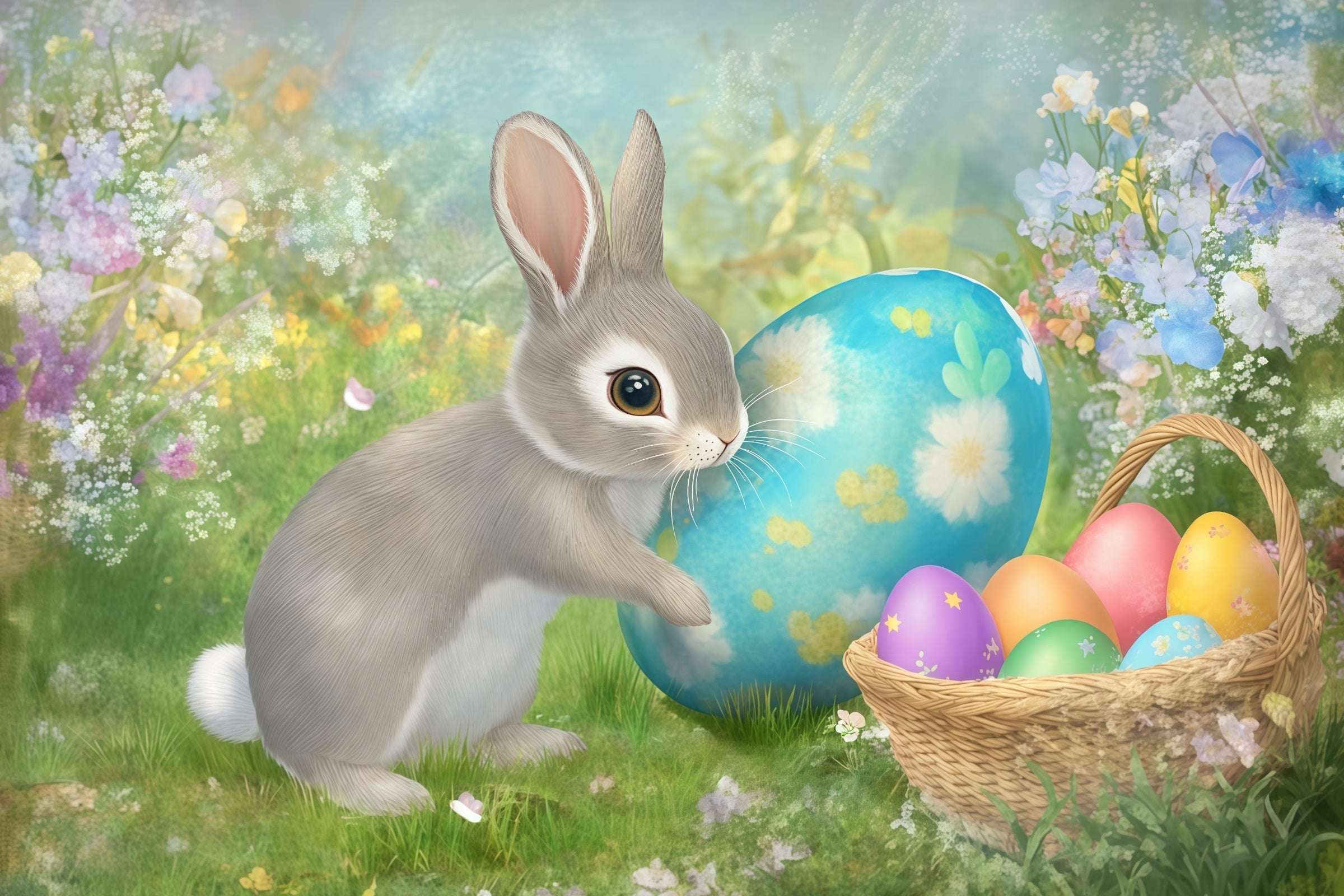 Hintergrund mit Osterhasen Bemalter Eierkorb Frühlingsblumen Hintergrund Ostern CSH61-28