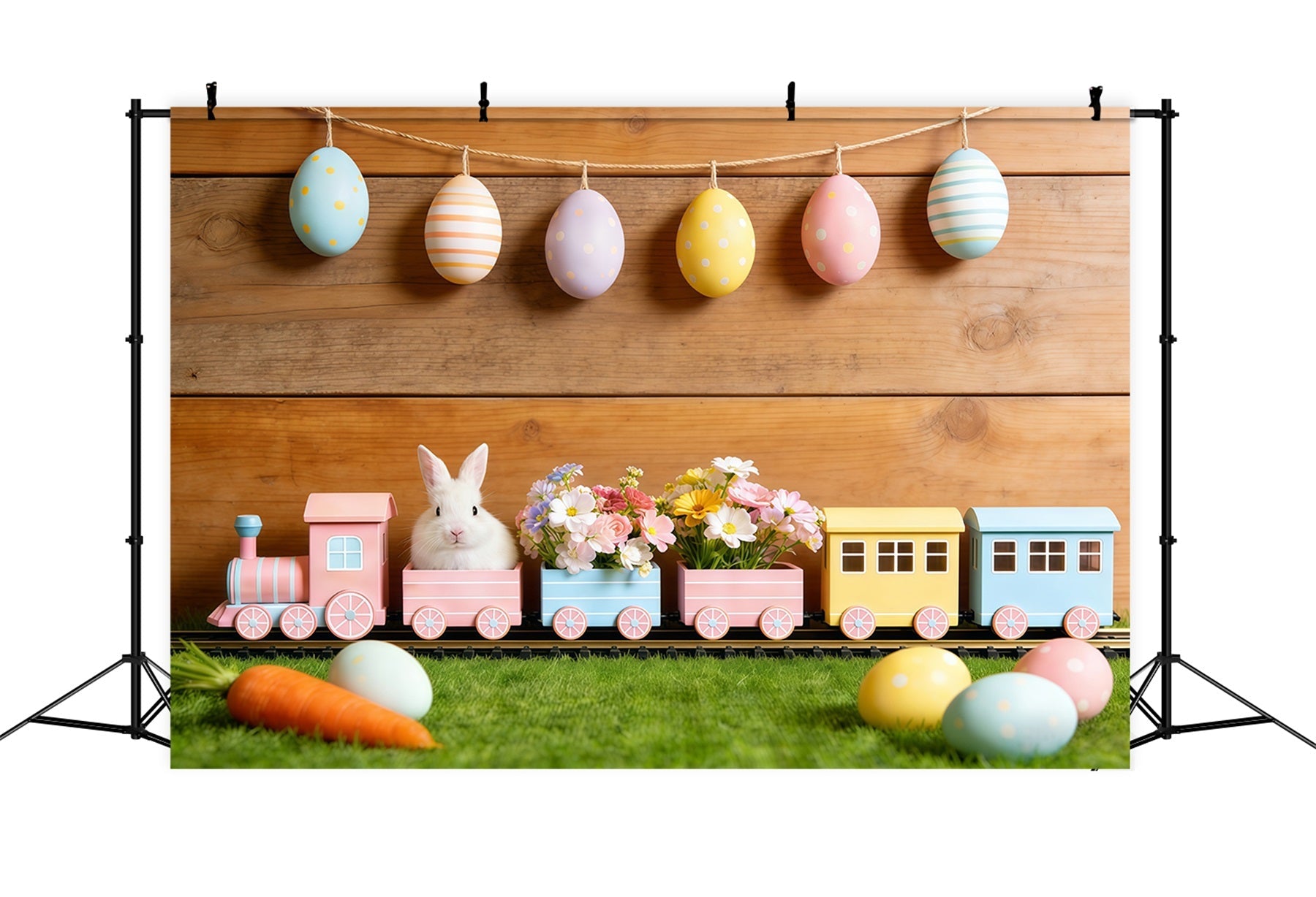 Hintergrund mit Osterhasen Pastellfarbene Eiergirlande Holzwand Ostern Hintergrund für Fotos CSH61-30
