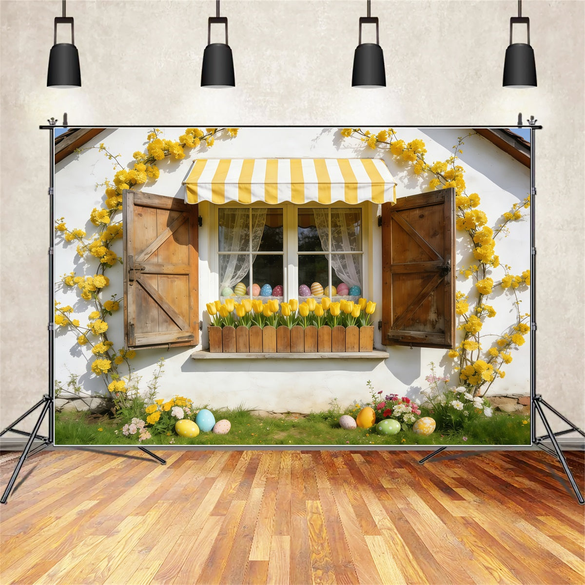 Tulpenhintergrund Gelbe Markise Cottage-Fenster Osterbildhintergründe CSH61-41