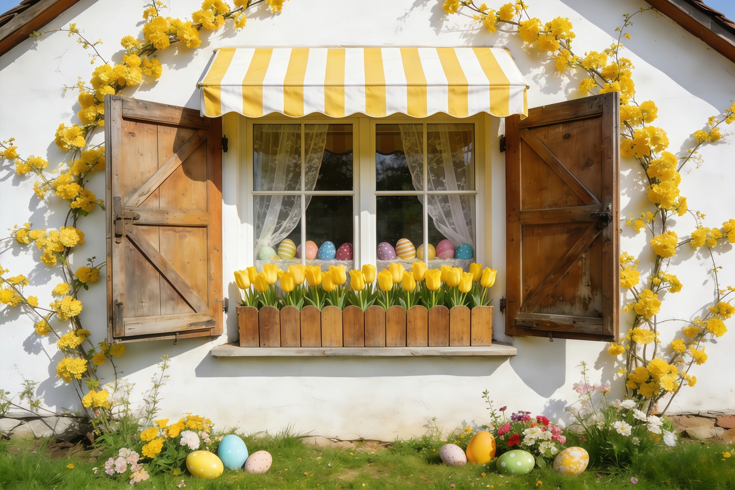 Tulpenhintergrund Gelbe Markise Cottage-Fenster Osterbildhintergründe CSH61-41