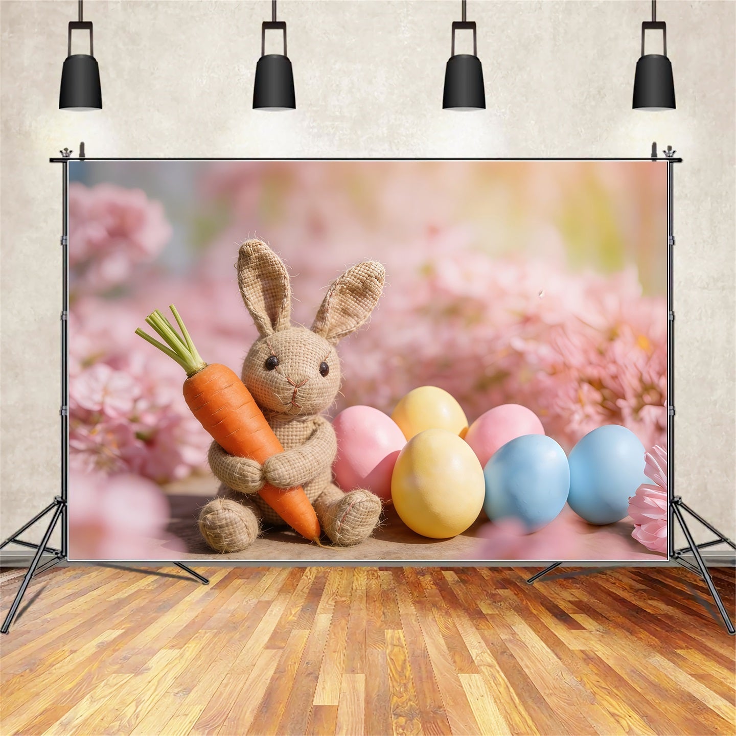 Oster-Hintergründe Jute-Hase Karotten Blumen Oster-Hintergrund Fotografie CSH61-45