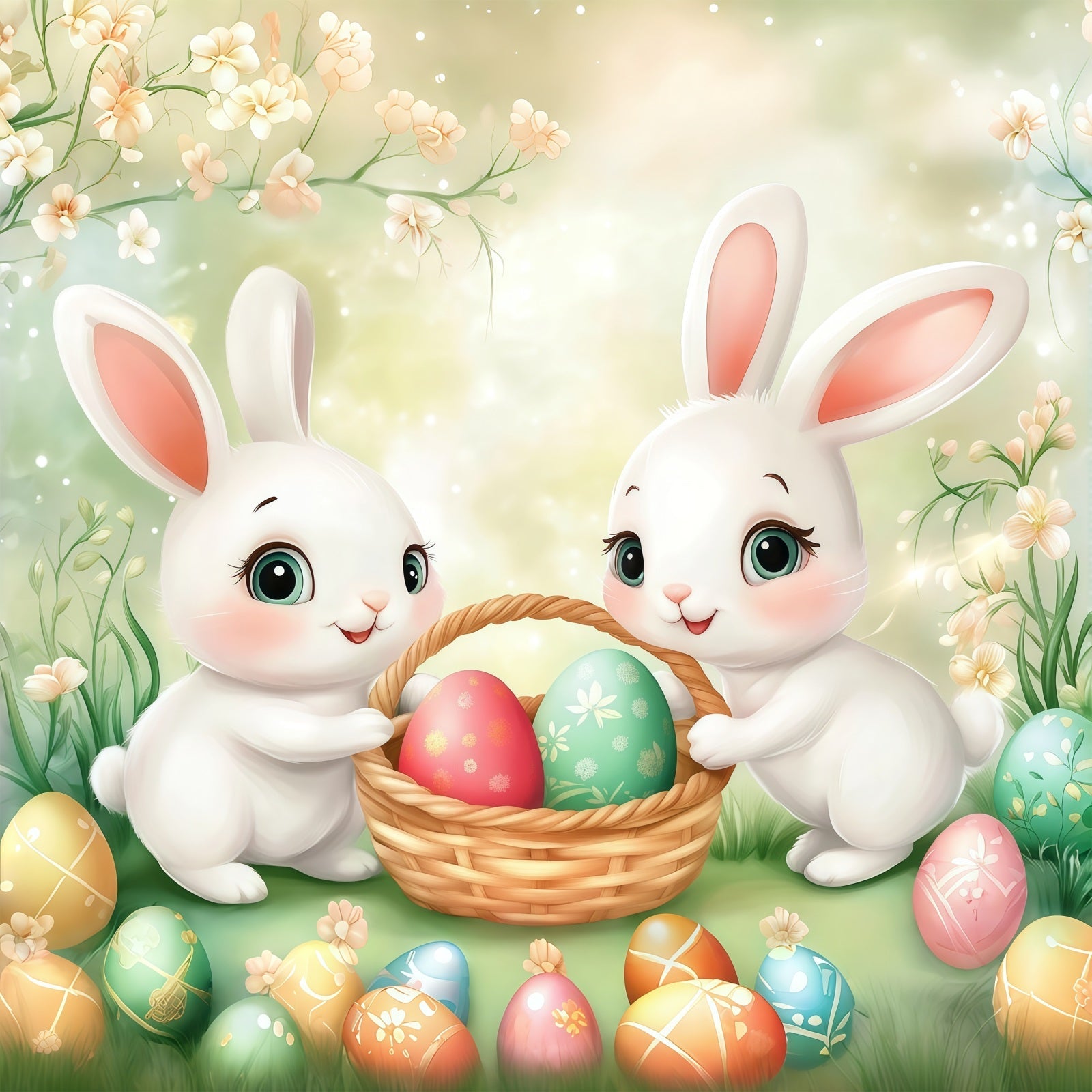 Hintergrund für Ostereiersuche Cartoon-Hase Korb Wiese Osterbilder-Hintergründe CSH61-50