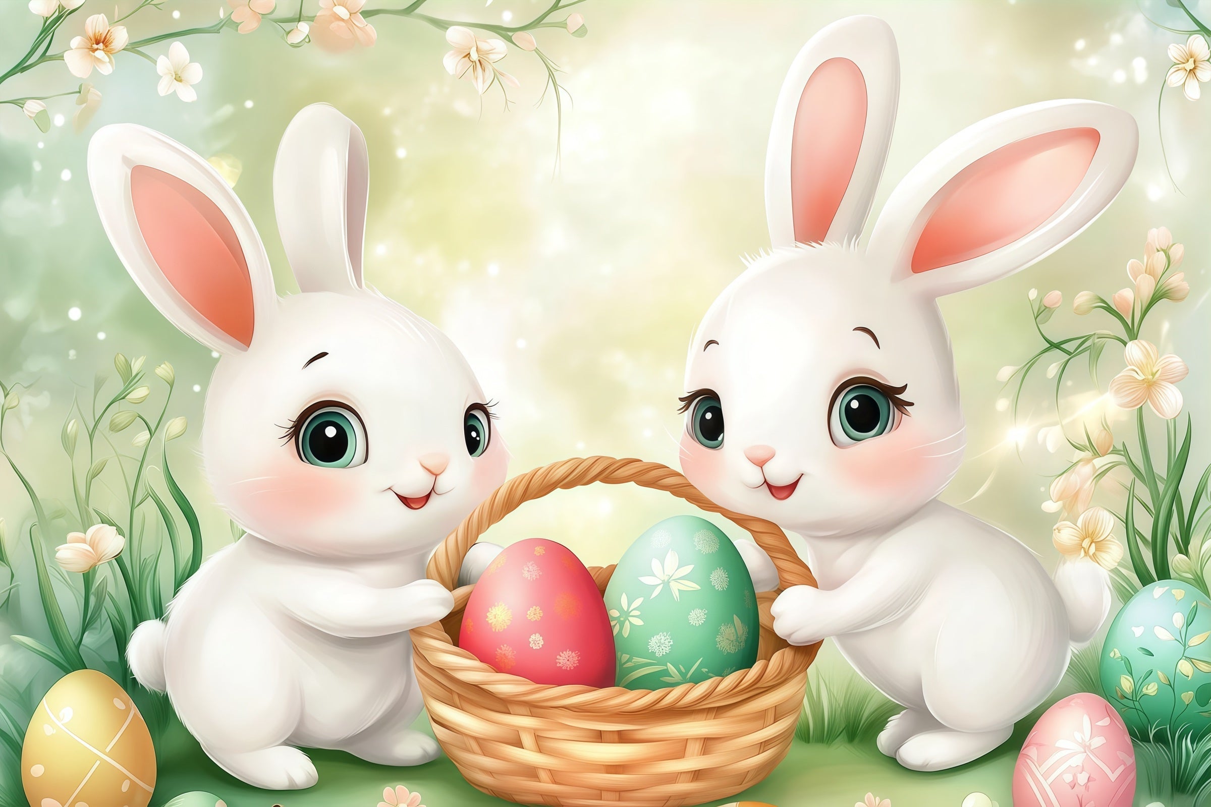 Hintergrund für Ostereiersuche Cartoon-Hase Korb Wiese Osterbilder-Hintergründe CSH61-50