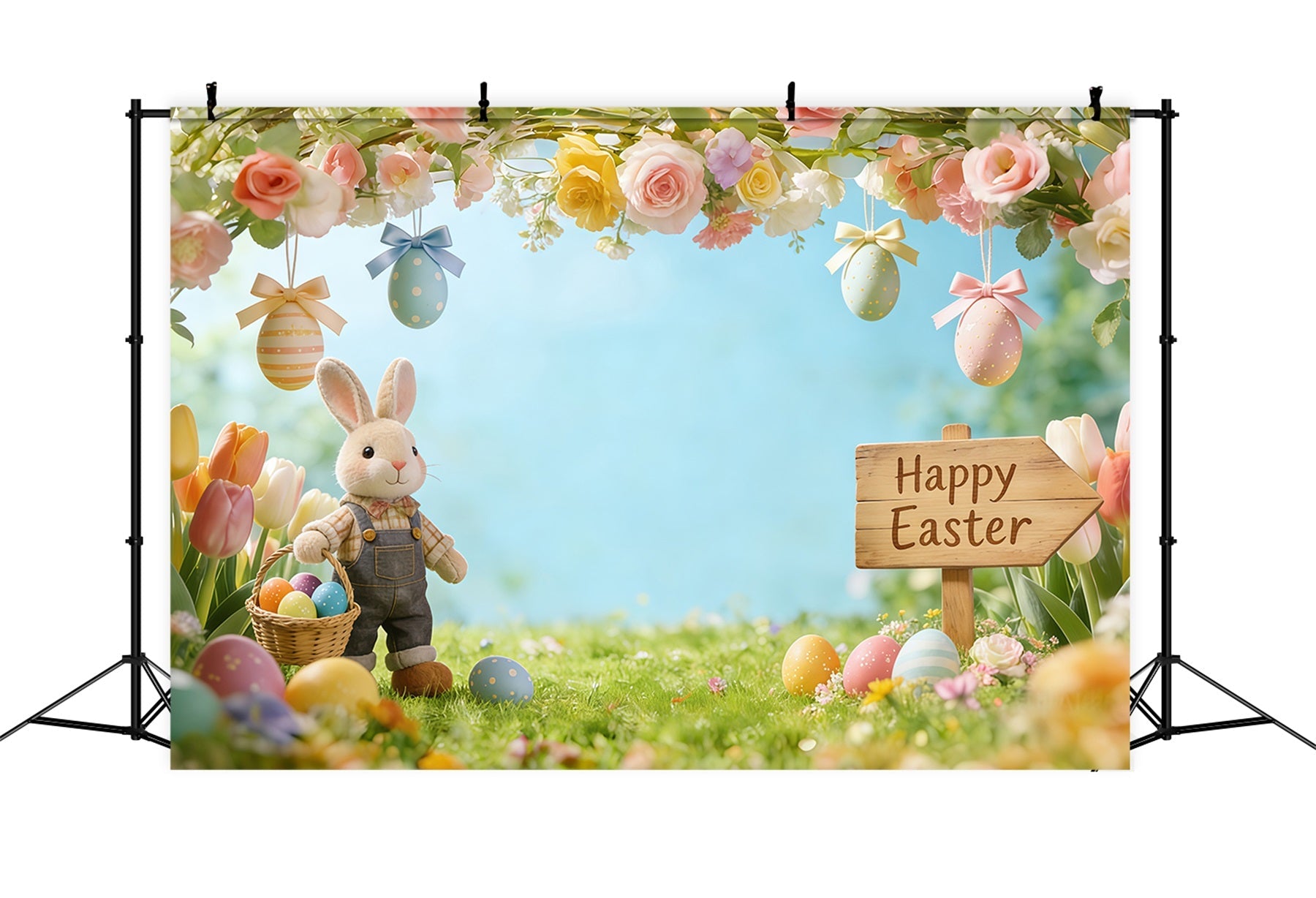 Osterhase-Hintergrund für Fotos Blühende Zweige Wiese Eier Oster-Fotohintergrund CSH61-53