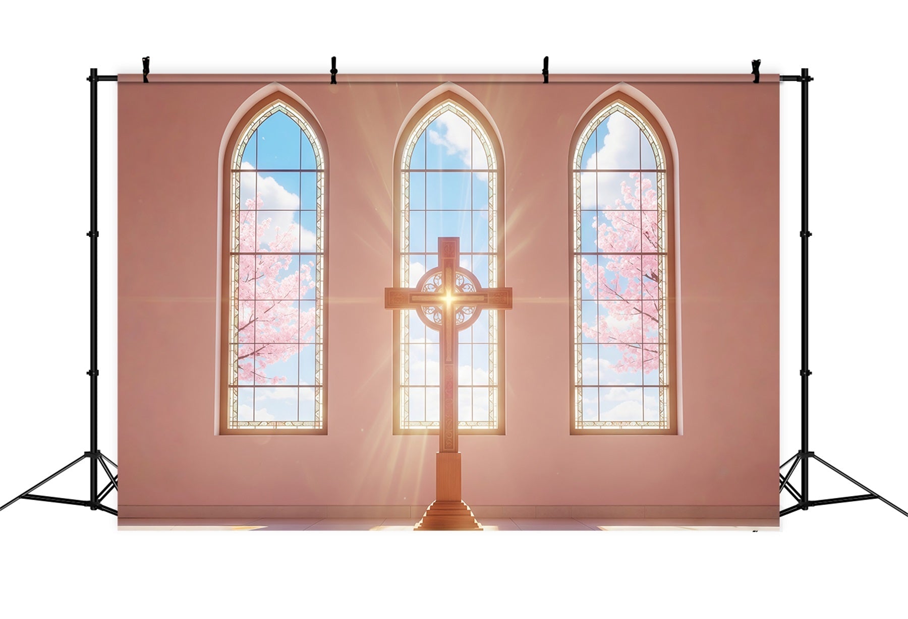 Oster-Fotohintergrund für Kirchen Sonnendurchflutete Kirchenfenster Kreuz Frohe Ostern-Hintergrund CSH61-6