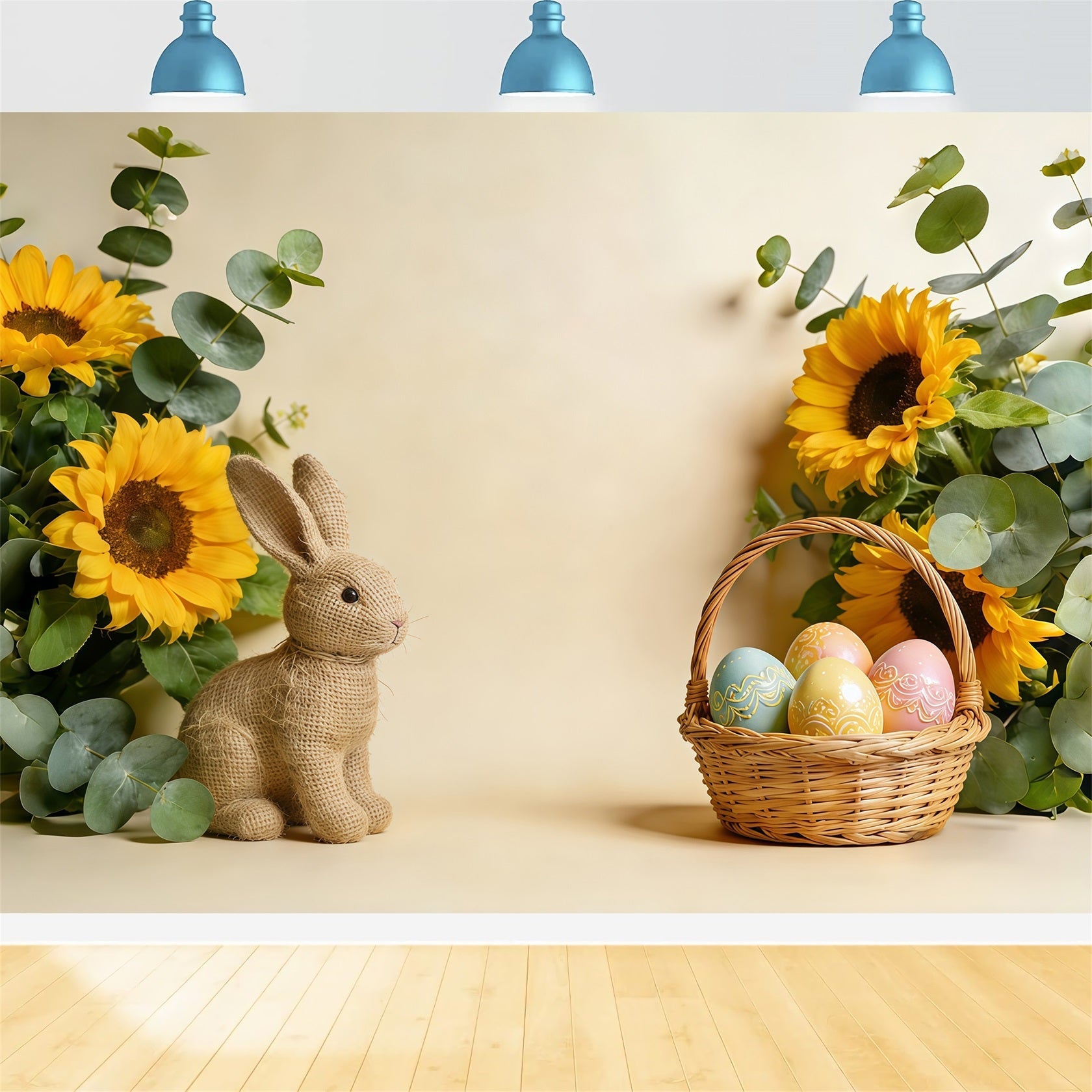 Osterkorb-Hintergrund Sonnenblume Hase Pastellfarbene Eier Oster-Fotohintergründe CSH61-60