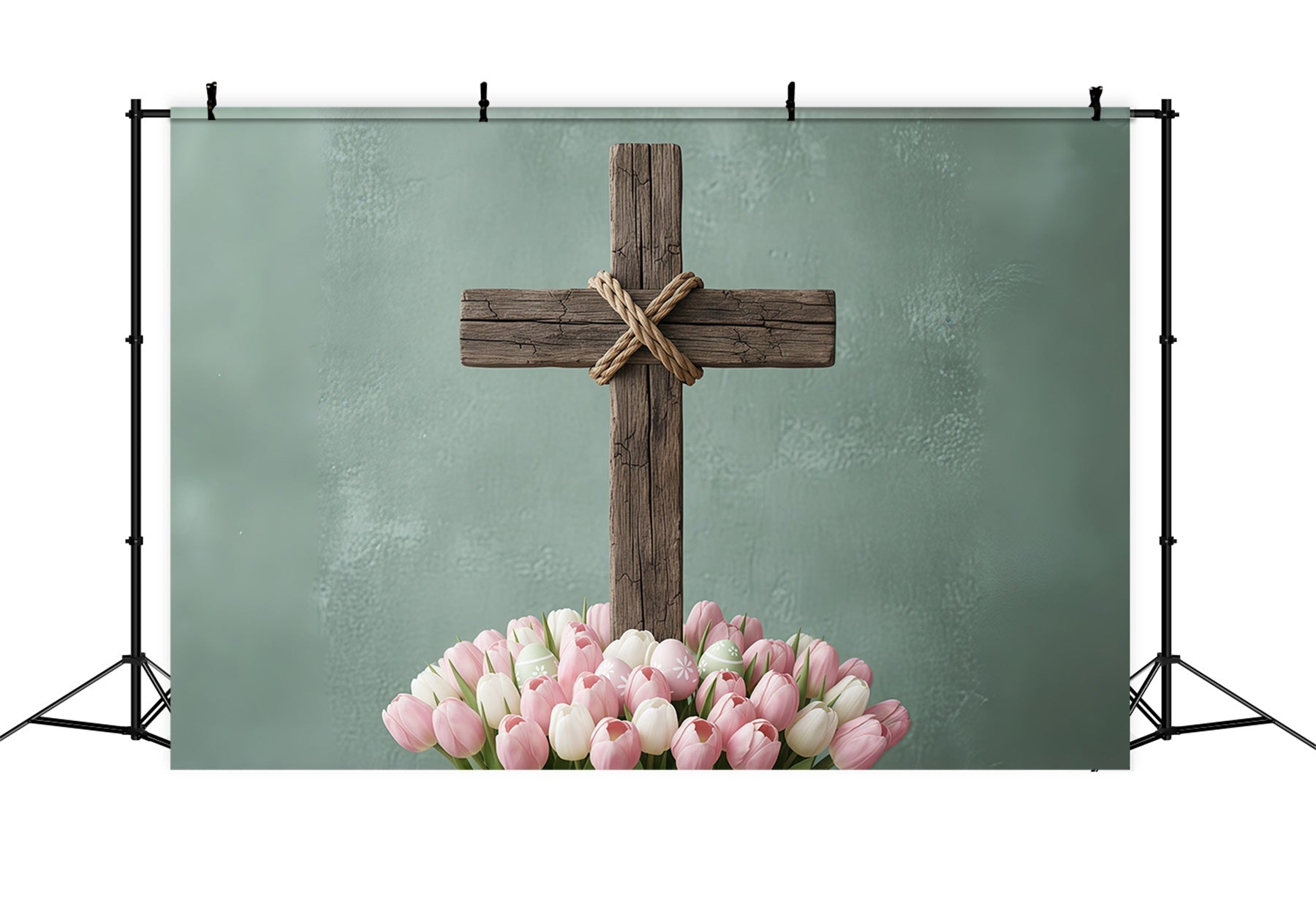 Oster-Fotohintergrund für Kirchen Rustikales Holzkreuz Tulpenblüte Oster-Hintergrundideen CSH61-7
