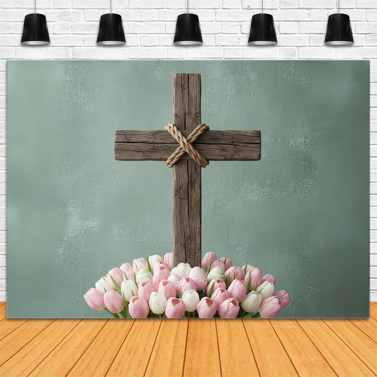 Oster-Fotohintergrund für Kirchen Rustikales Holzkreuz Tulpenblüte Oster-Hintergrundideen CSH61-7