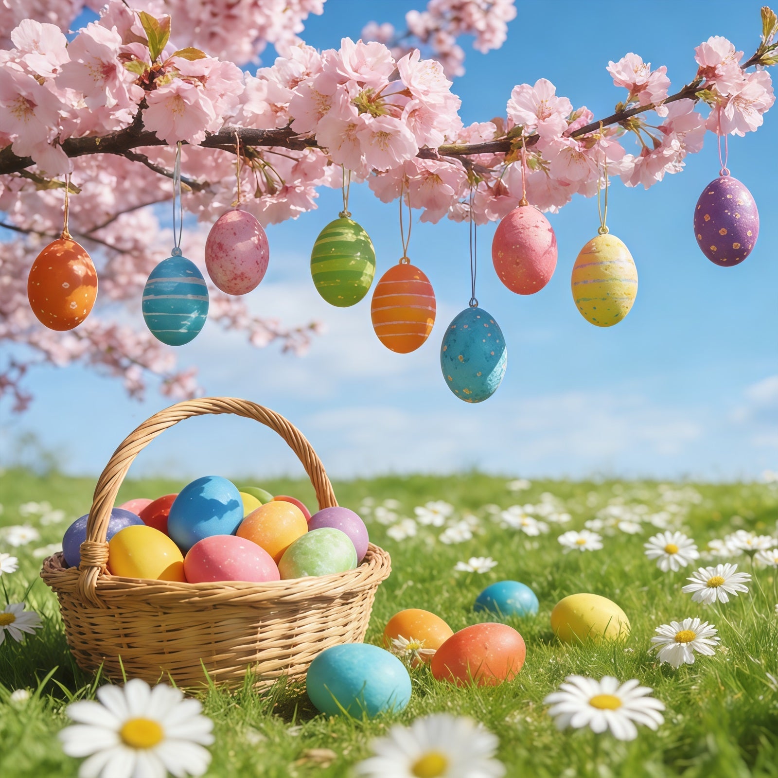 Oster-Kirschblüten-Hintergrund Hängende Eier Wiesenblüten-Hintergründe für Osterbilder CSH61-70