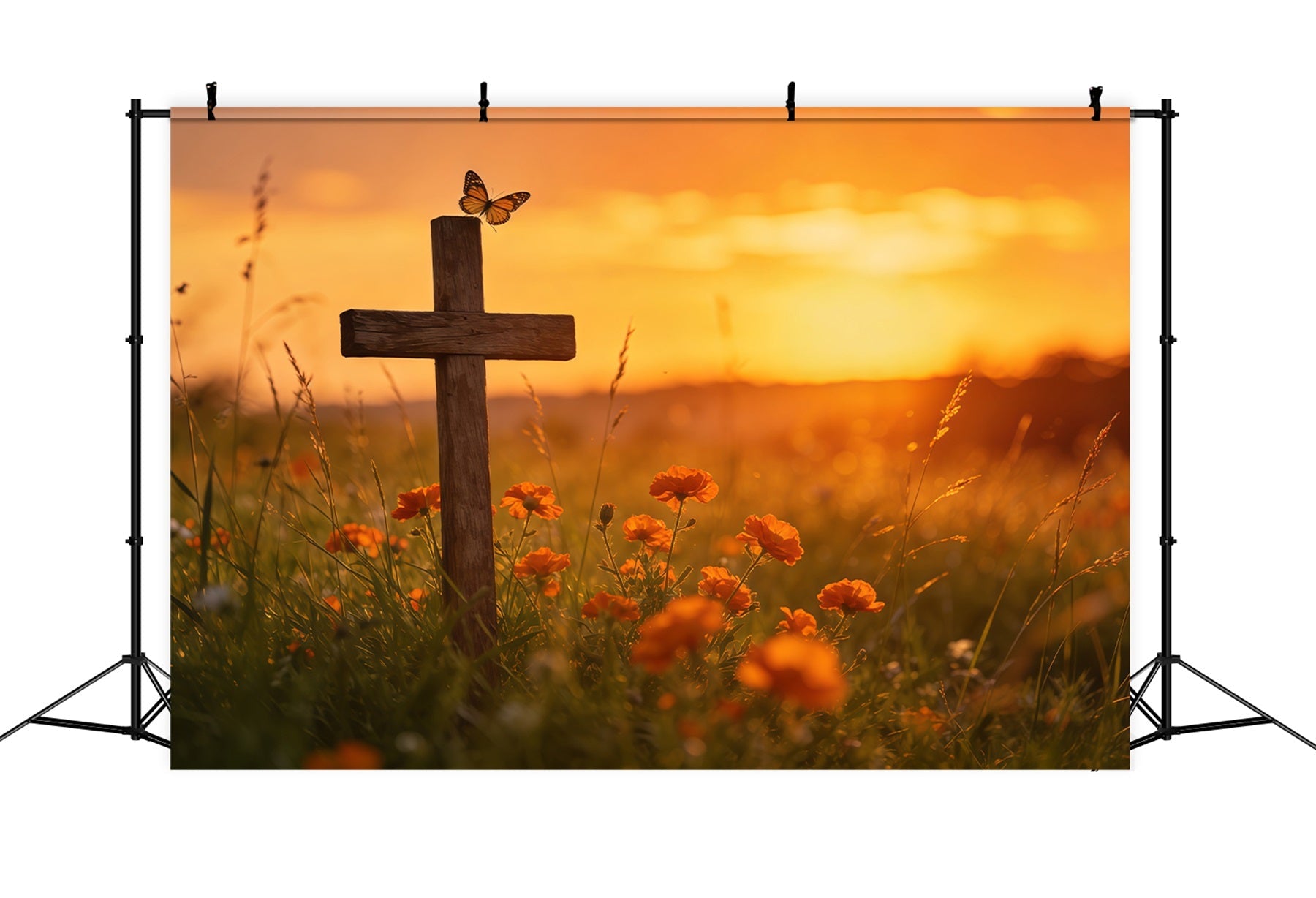 Oster-Schmetterlings-Hintergrund Sonnenuntergang Kreuz Wildblumenwiese-Hintergrund für Osterbilder CSH61-71