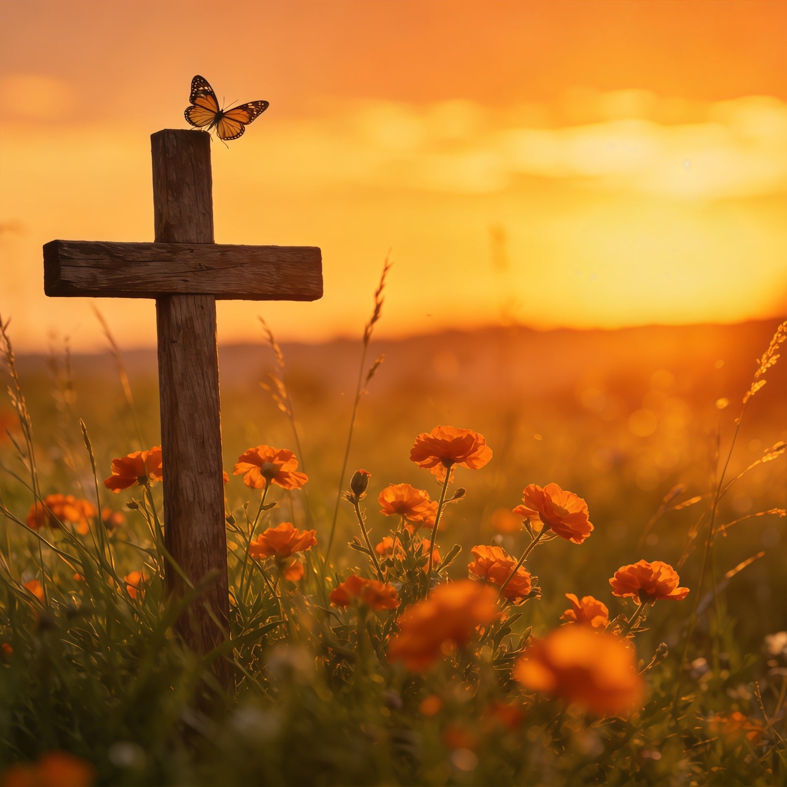 Oster-Schmetterlings-Hintergrund Sonnenuntergang Kreuz Wildblumenwiese-Hintergrund für Osterbilder CSH61-71