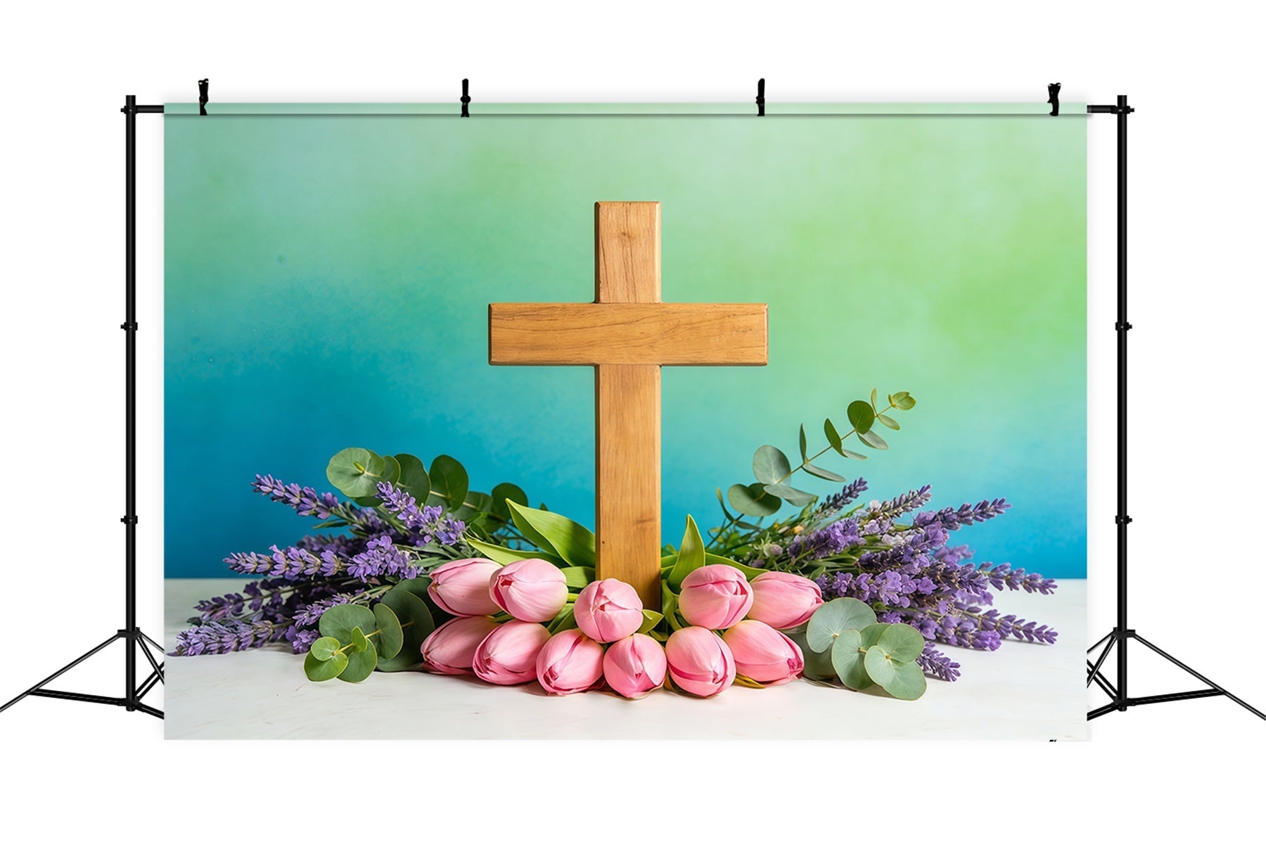 Oster-Fotohintergrund für die Kirche Frühlingsblumen Kreuz Blaugrüne Wand Oster-Hintergrundideen CSH61-8