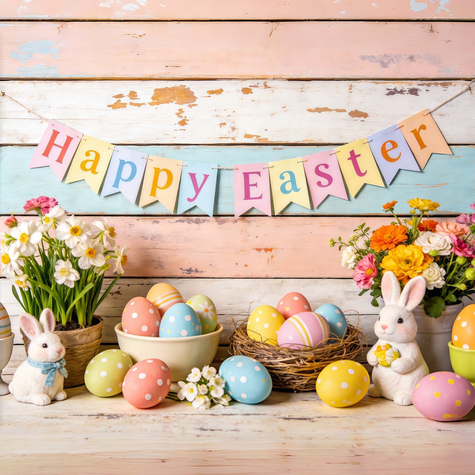 Frohe Ostern Hintergrund Hasen Eier Blumen Banner Ostern-Themenhintergrund CSH61-81