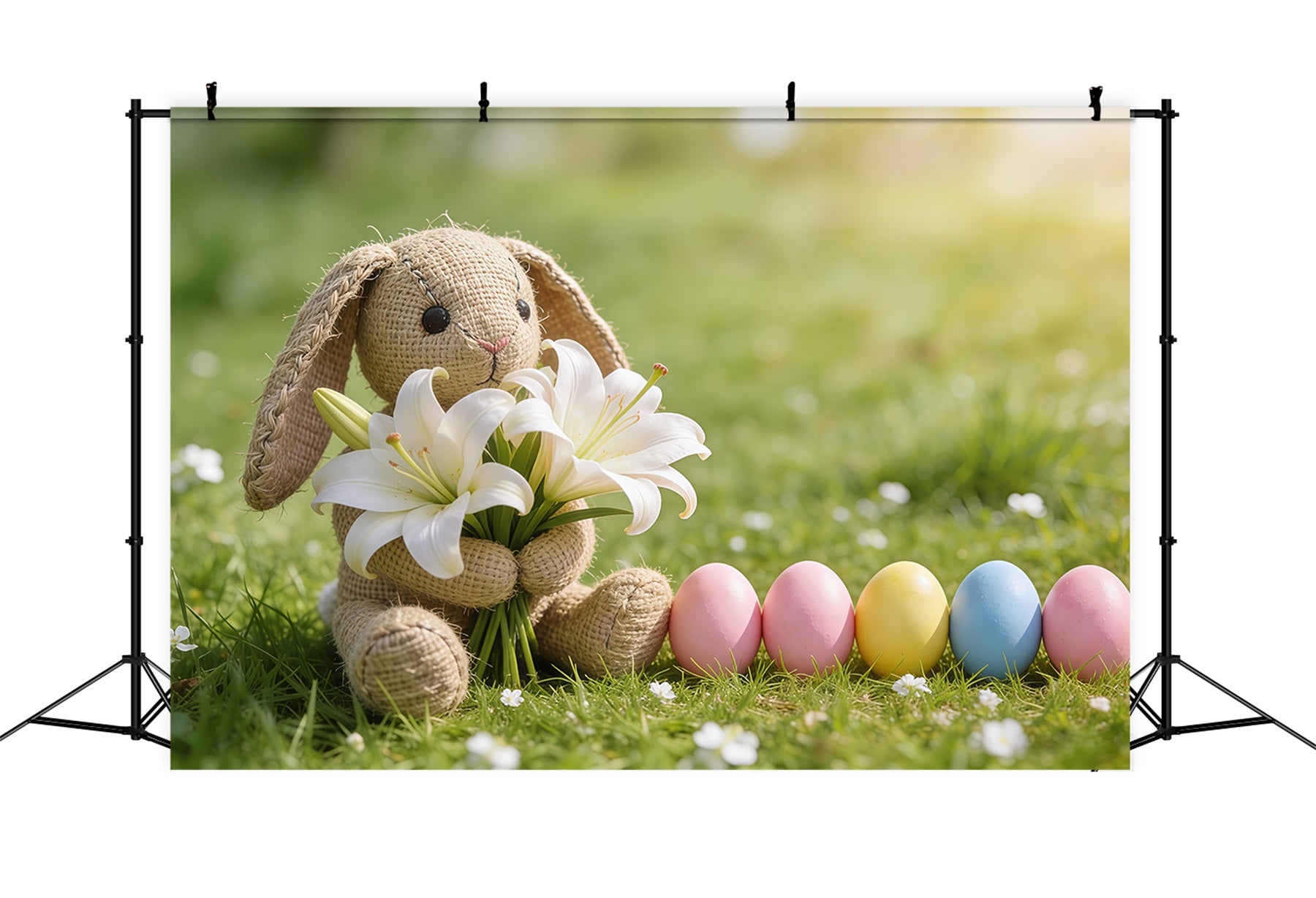Ostergras-Hintergrund Hase Lilien Pastellfarbene Eier Gras Frohe Ostern Foto-Hintergrund CSH61-83