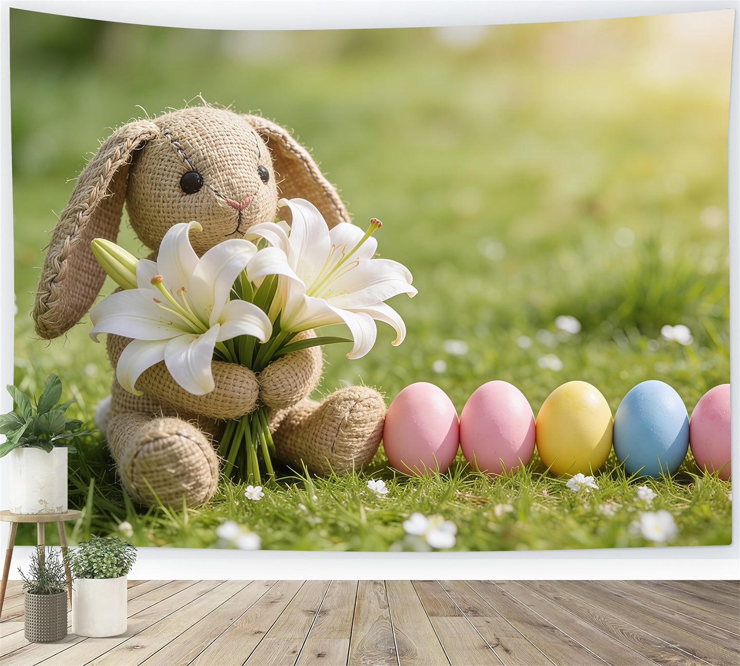Ostergras-Hintergrund Hase Lilien Pastellfarbene Eier Gras Frohe Ostern Foto-Hintergrund CSH61-83