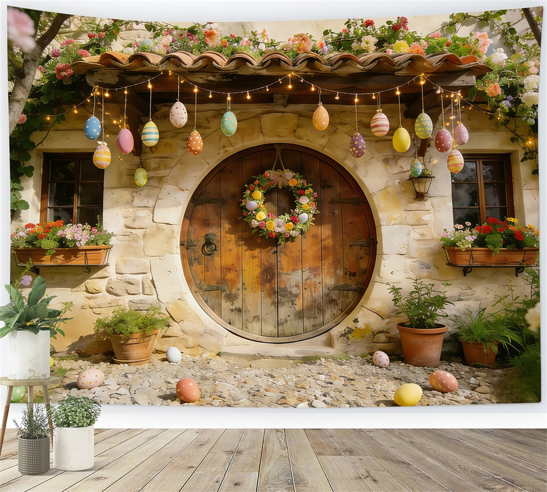 Oster-Cottage-Garten-Hintergrund Steinhaus Eier Kranz Blumen Einfacher Oster-Hintergrund CSH61-88