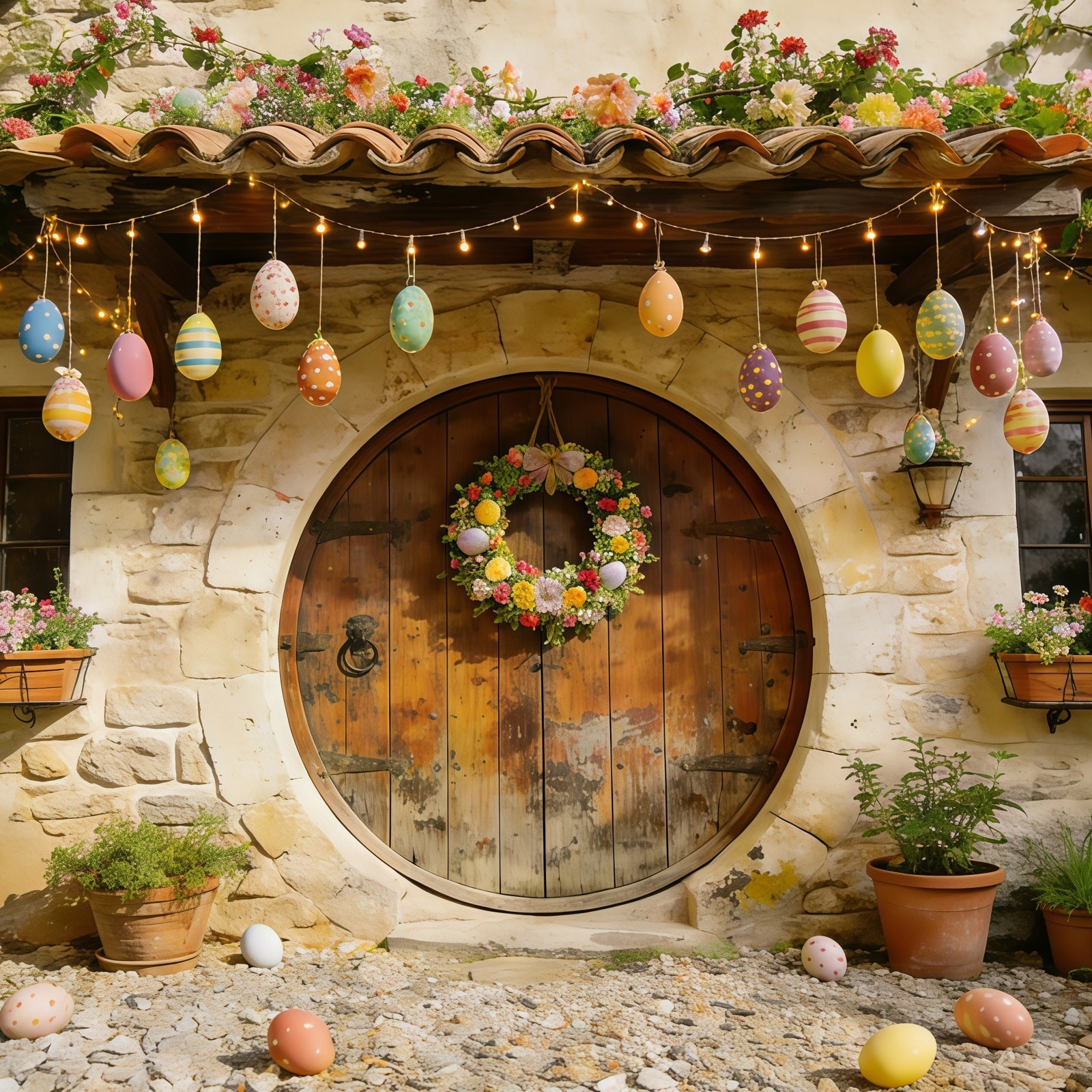 Oster-Cottage-Garten-Hintergrund Steinhaus Eier Kranz Blumen Einfacher Oster-Hintergrund CSH61-88