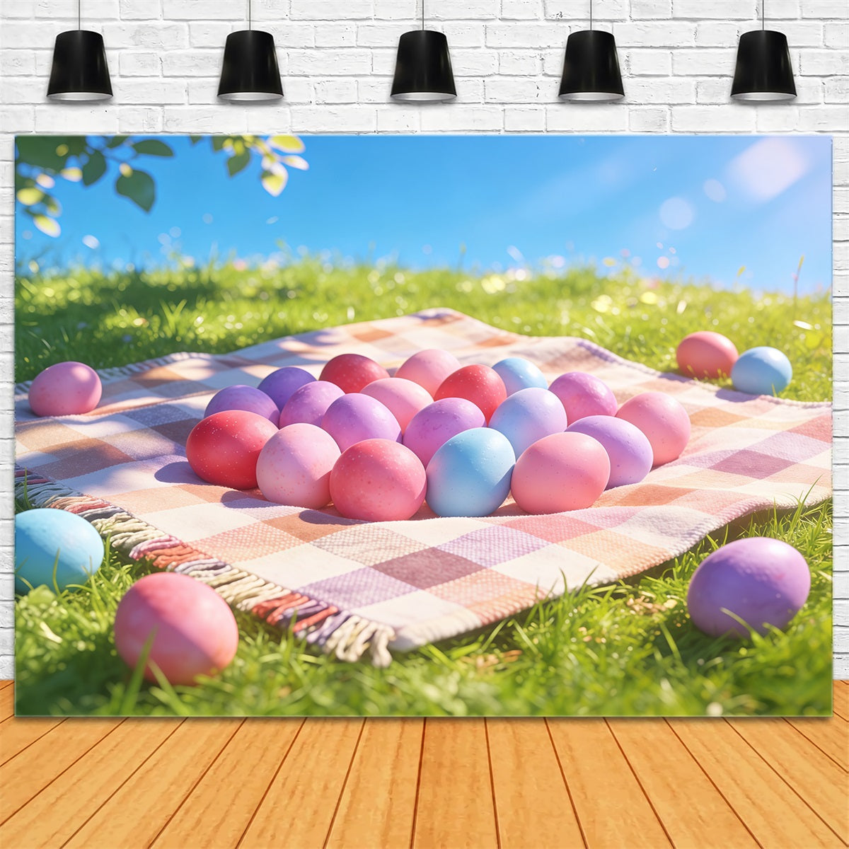 Oster-Fotohintergrund für die Kirche Pastellfarbenes Eierfeld Wiese Frohe Ostern-Hintergrund CSH61-9