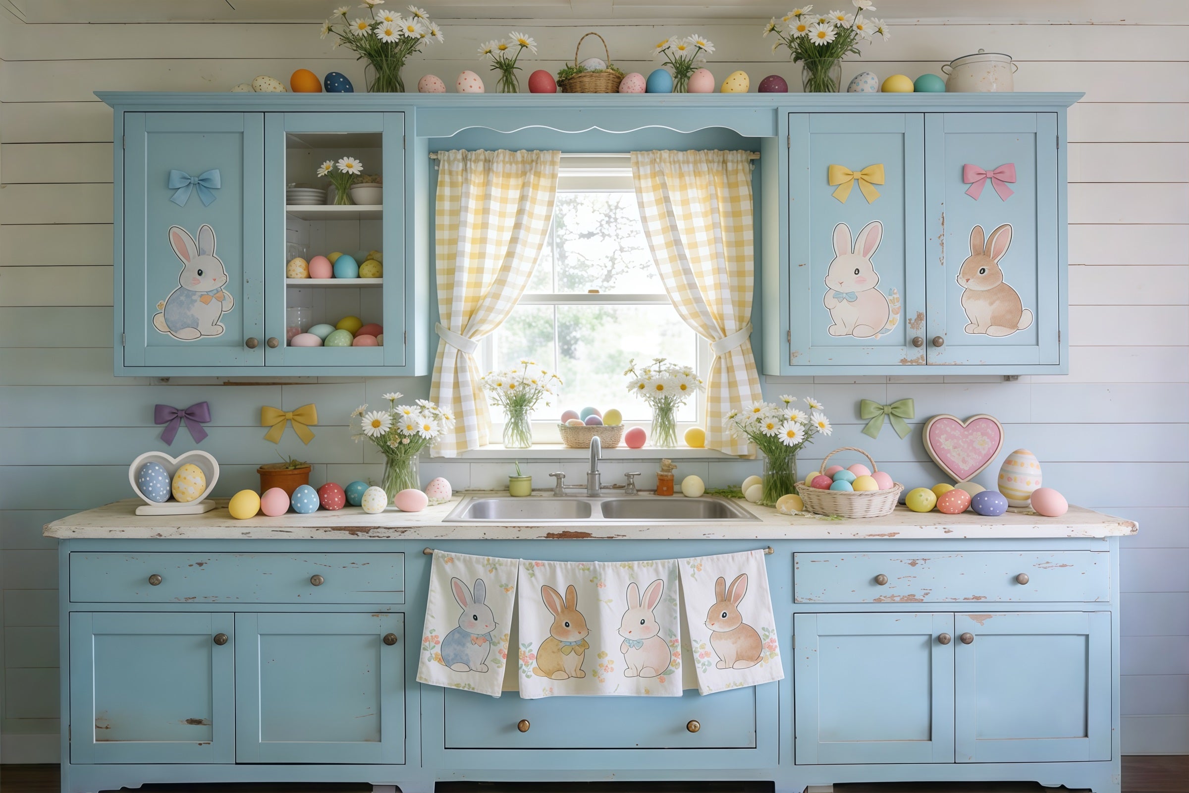 Oster-Hintergrund Blaues Schrank Häschen Eier Gänseblümchen Fotografie-Hintergründe Ostern CSH61-90