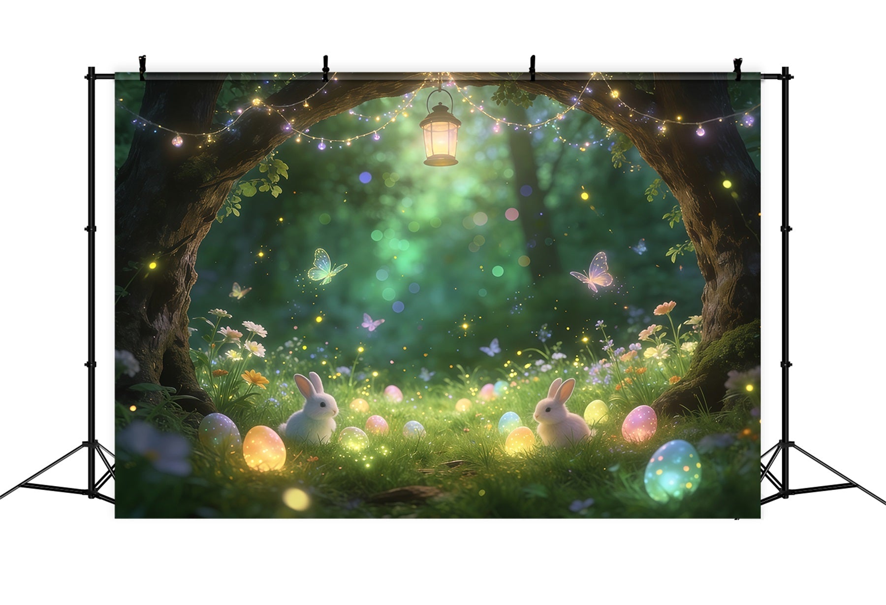 Oster-Märchen-Hintergrund Verzauberter Wald Hase Leuchtende Eier Osterparty-Hintergrund CSH61-91