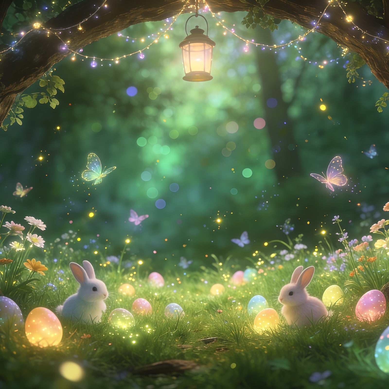 Oster-Märchen-Hintergrund Verzauberter Wald Hase Leuchtende Eier Osterparty-Hintergrund CSH61-91