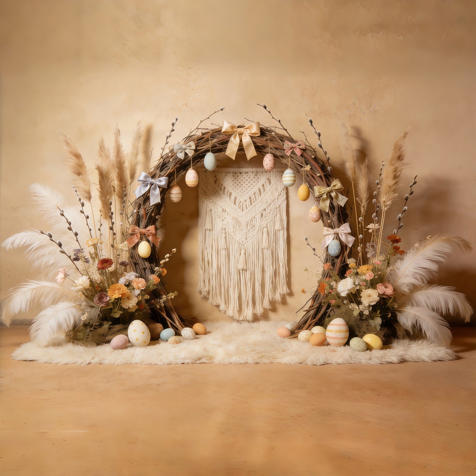 Oster-Boho-Hintergrund Rustikaler Bogen Pastellfarbene Eier Schleifen 10x10 Osterhintergründe CSH61-95