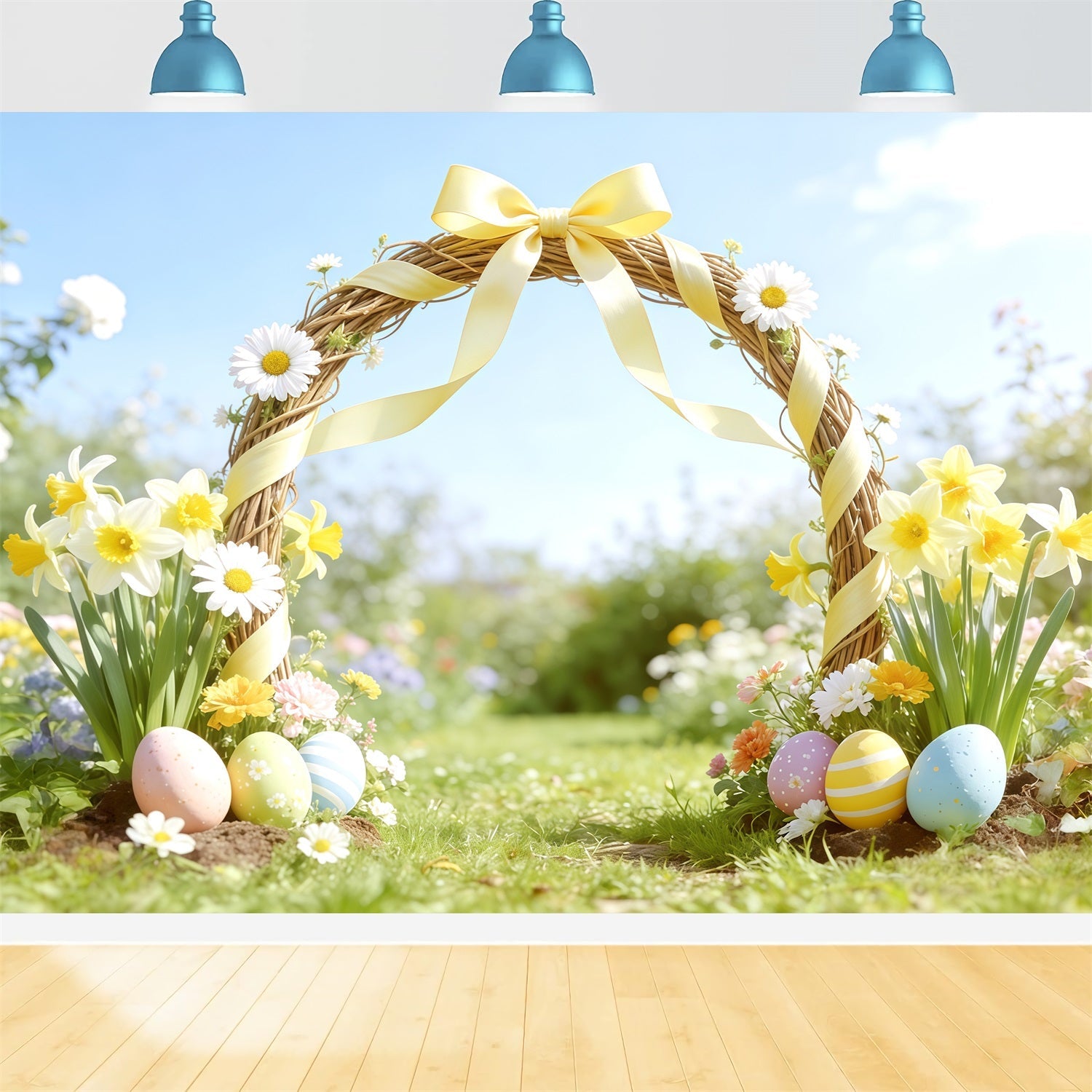 Osterfrühling Gartenbogen Hintergrund Gelbe Schleife Narzisse, Bogen Frohe Ostern Fotohintergrund CSH62-101
