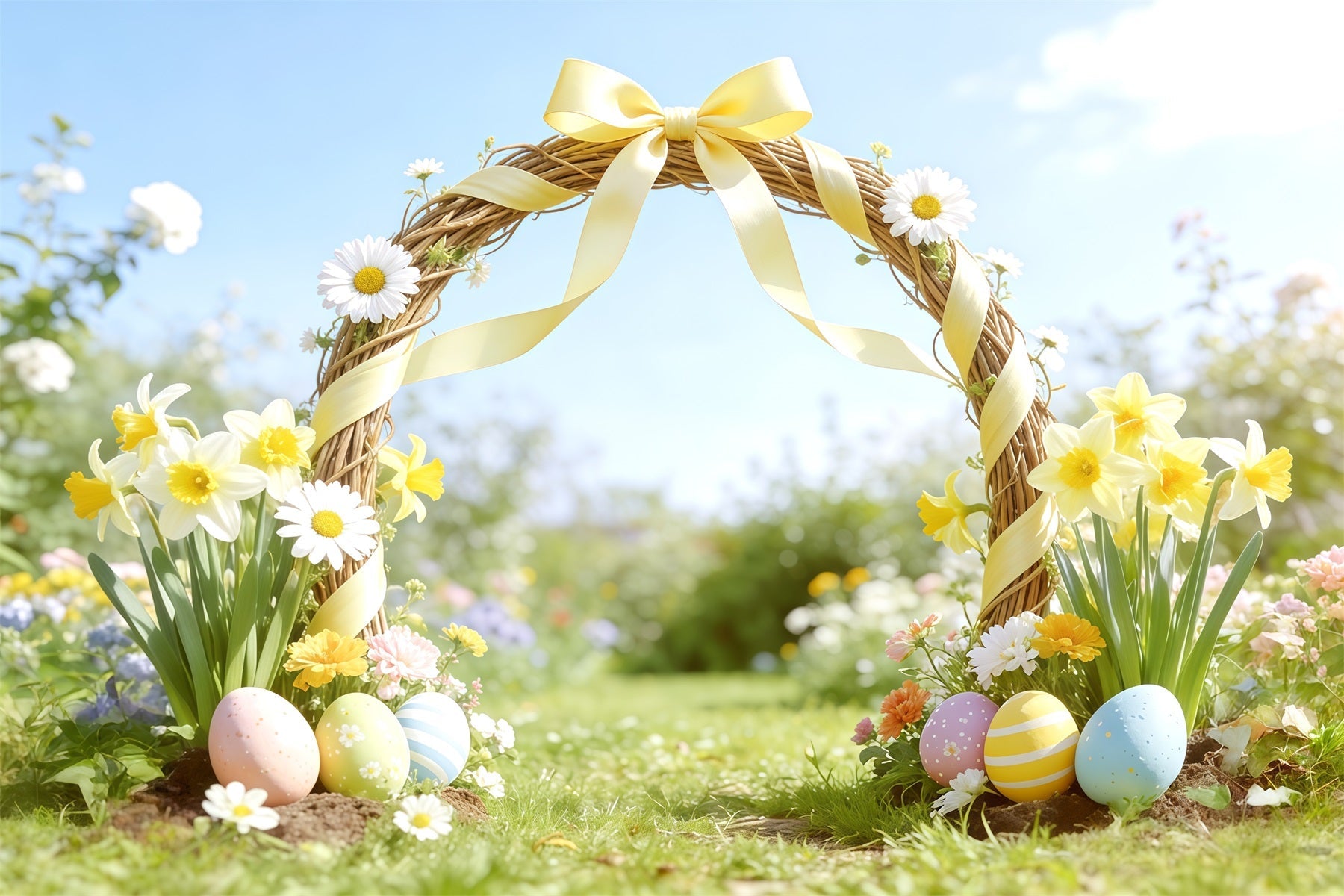 Osterfrühling Gartenbogen Hintergrund Gelbe Schleife Narzisse, Bogen Frohe Ostern Fotohintergrund CSH62-101
