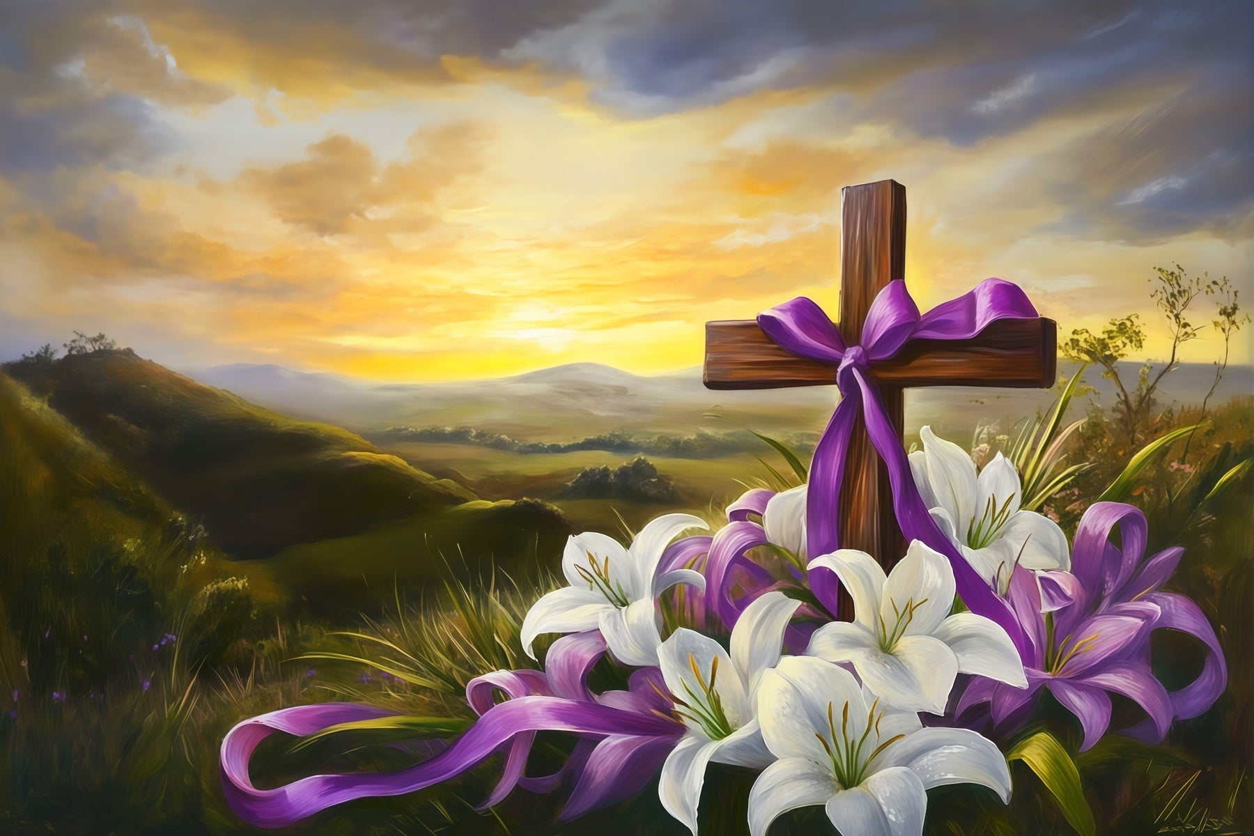 Osterkreuz und Lilien Hintergrund Sonnenuntergang Berge Religiöse Fotohintergründe für Ostern CSH62-103
