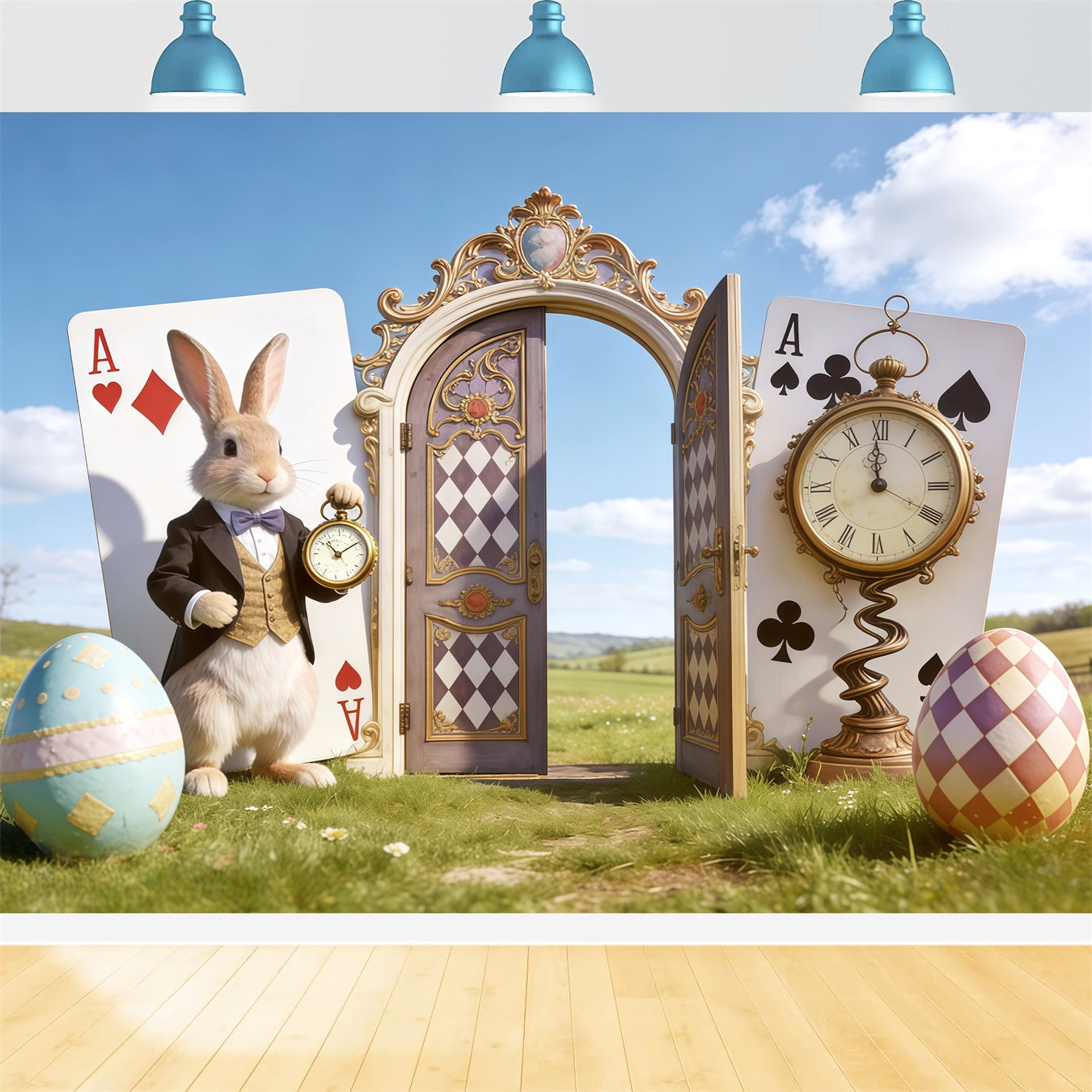 Oster-Blauer-Himmel-Hintergrund Wunderland-Hase Uhr Tür Fotografie-Hintergründe Ostern CSH62-105