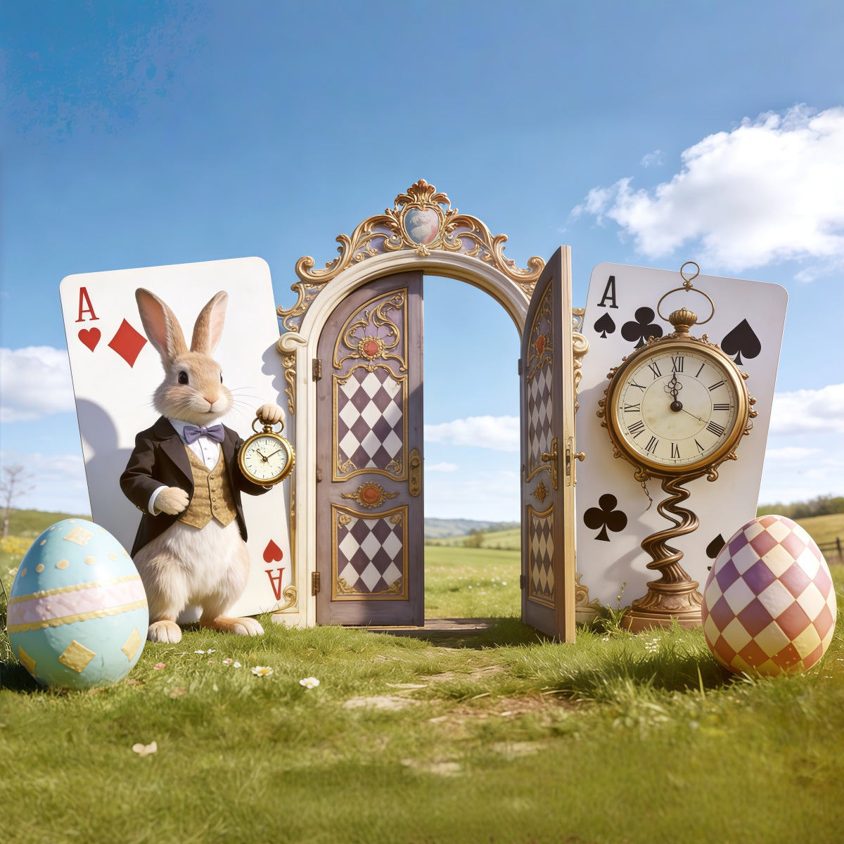 Oster-Blauer-Himmel-Hintergrund Wunderland-Hase Uhr Tür Fotografie-Hintergründe Ostern CSH62-105