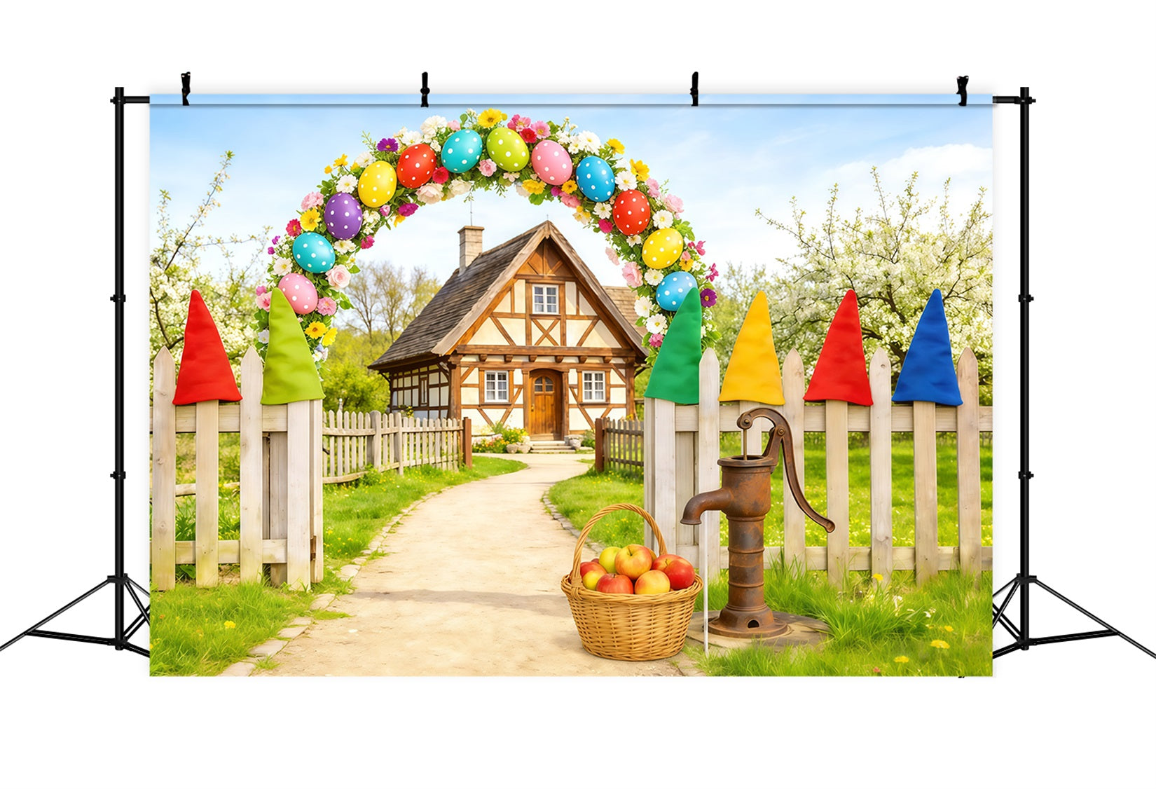 Oster-Landstraßen-Hintergrund Eierbogen Zwergenhäuschen Oster-Themenhintergrund CSH62-110