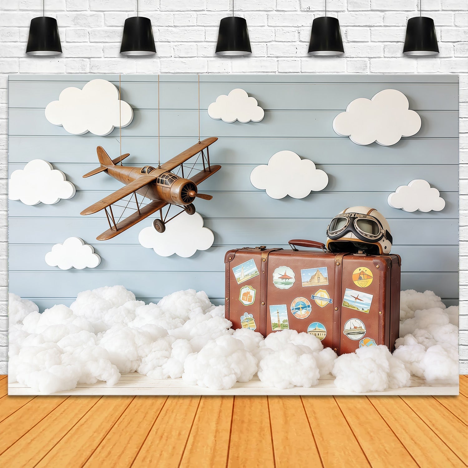 Hintergrund für Wolkenaufnahmen Vintage Flugzeug Koffer Holz Kinderhintergründe CSH62-116
