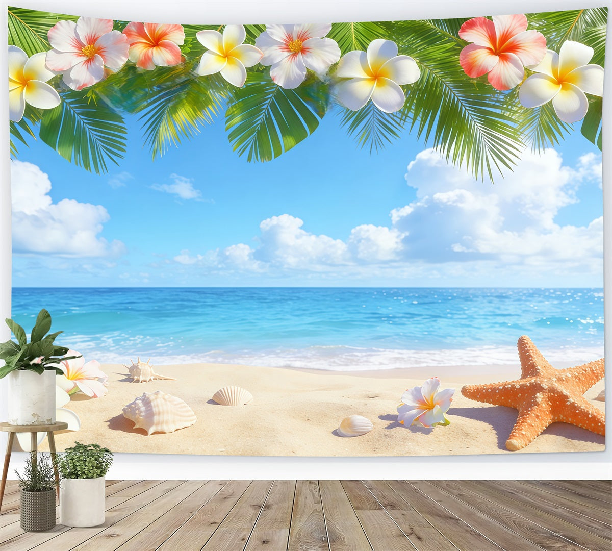 Hintergrund mit blauem Himmel Tropische Plumeria Strandmuscheln Sommer-Fotohintergrund CSH62-127