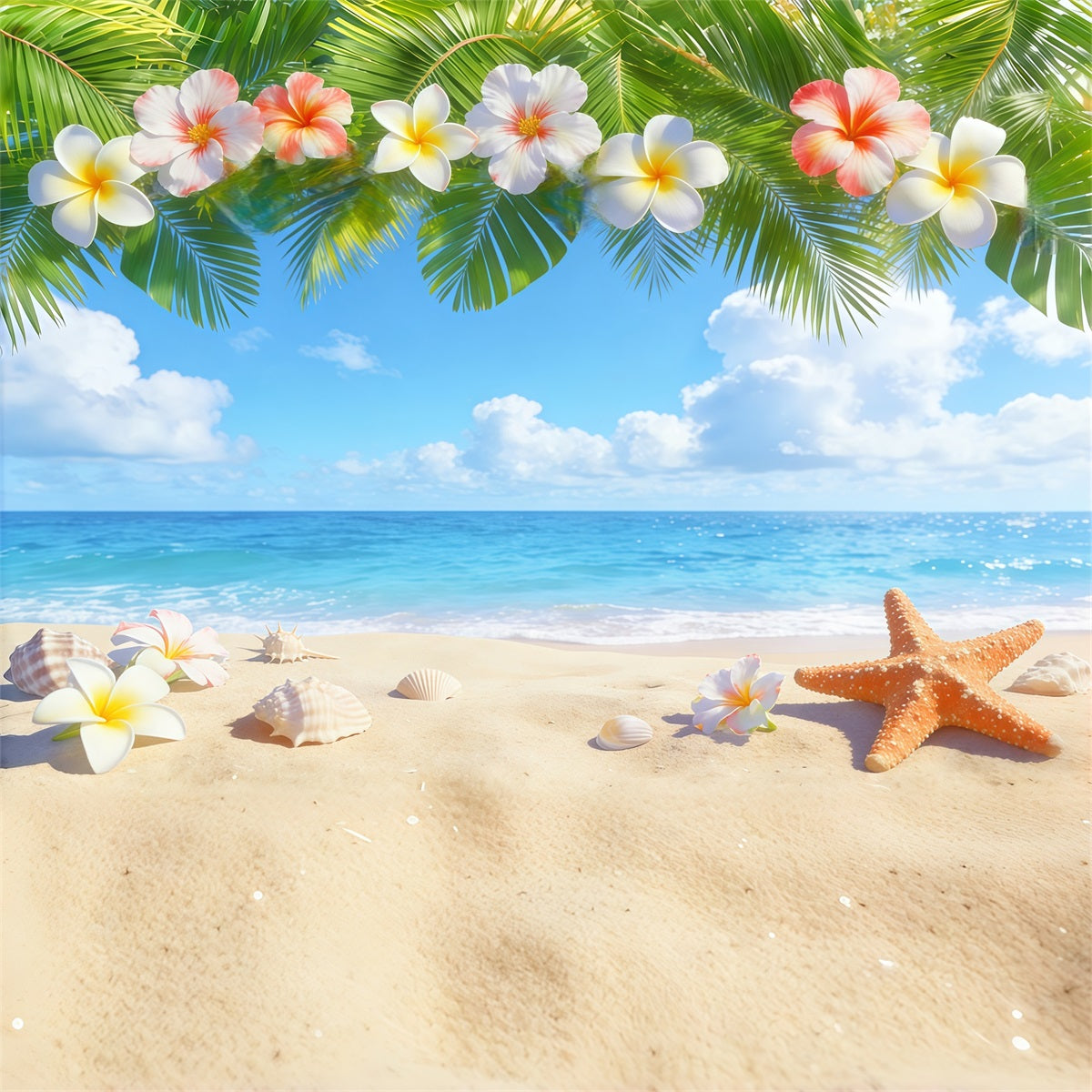 Hintergrund mit blauem Himmel Tropische Plumeria Strandmuscheln Sommer-Fotohintergrund CSH62-127