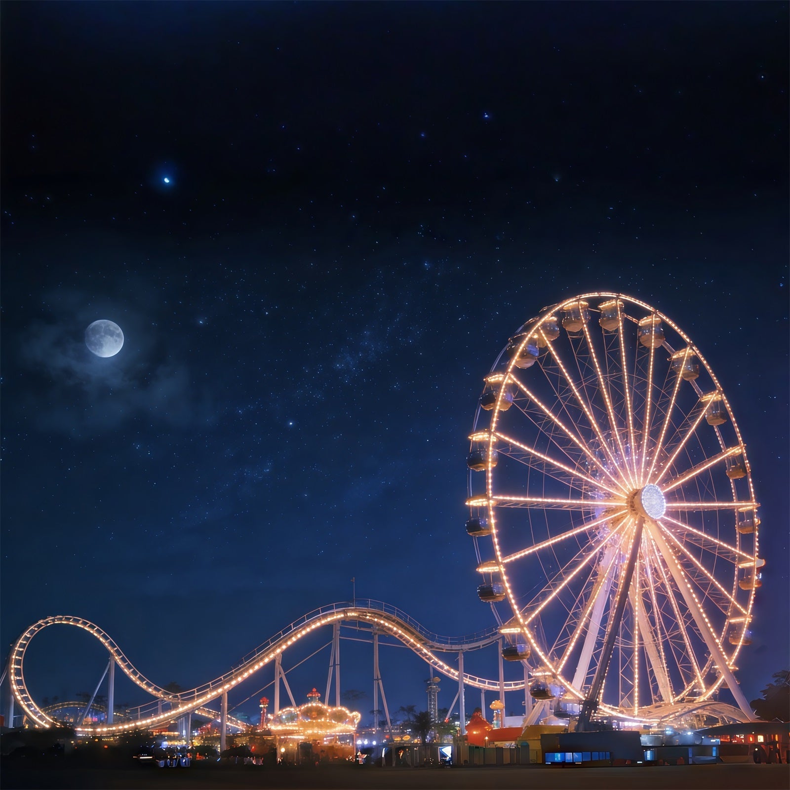 Hintergrund mit Nachthimmel Mondbeschienenes Riesenrad Vergnügungspark Sternenhimmel-Hintergrund CSH62-129