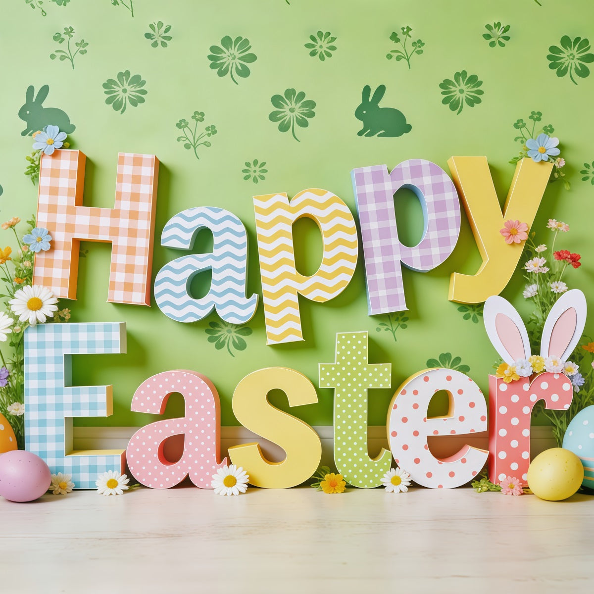 Frohe Ostern Hintergrund Bunte Buchstaben Hasen Eier Fotokabine Ostern Hintergrund Ideen CSH62-65